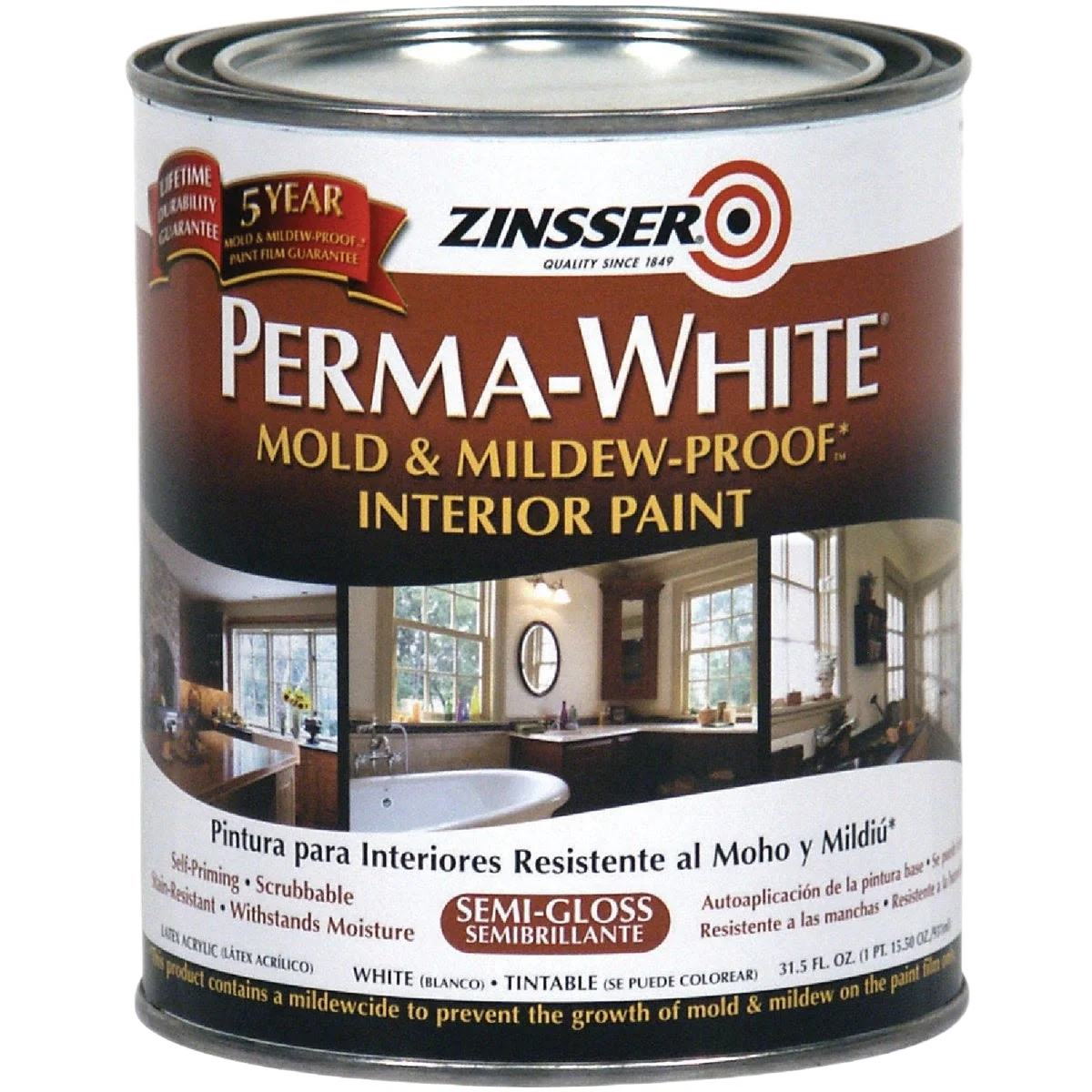 Long-Lasting Zinsser Perma-White White Tintable Semi-Gloss Mold Mildew Proof Paint 1 Qt. High-Performance