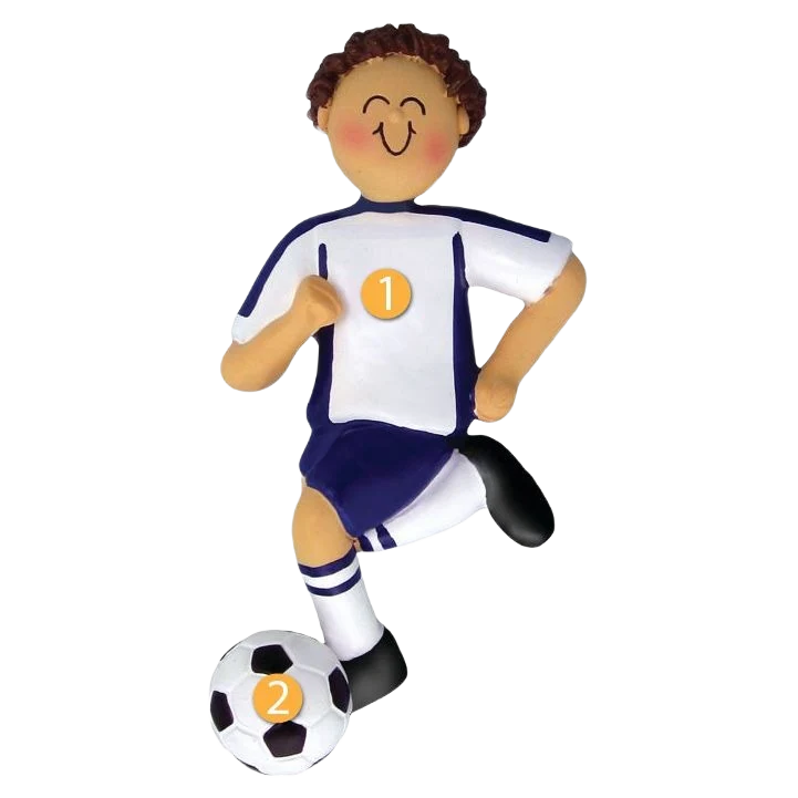 Verified Ornament Central Personalized Brunette Male in Blue Soccer Uniform Ornament Effective