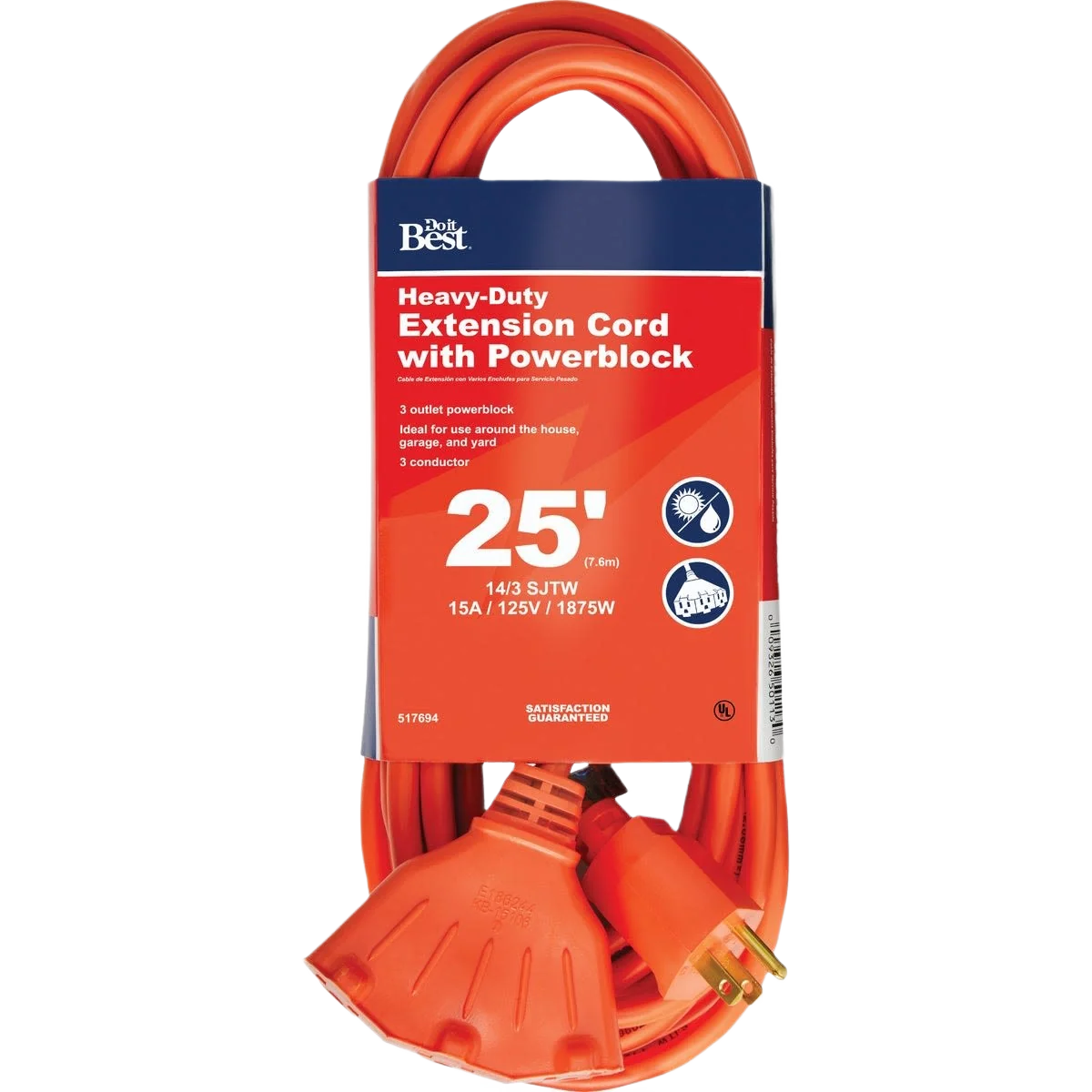 First-Class Do it Orange 14 3 Extension Cord with Powerblock 25 ft. Natural
