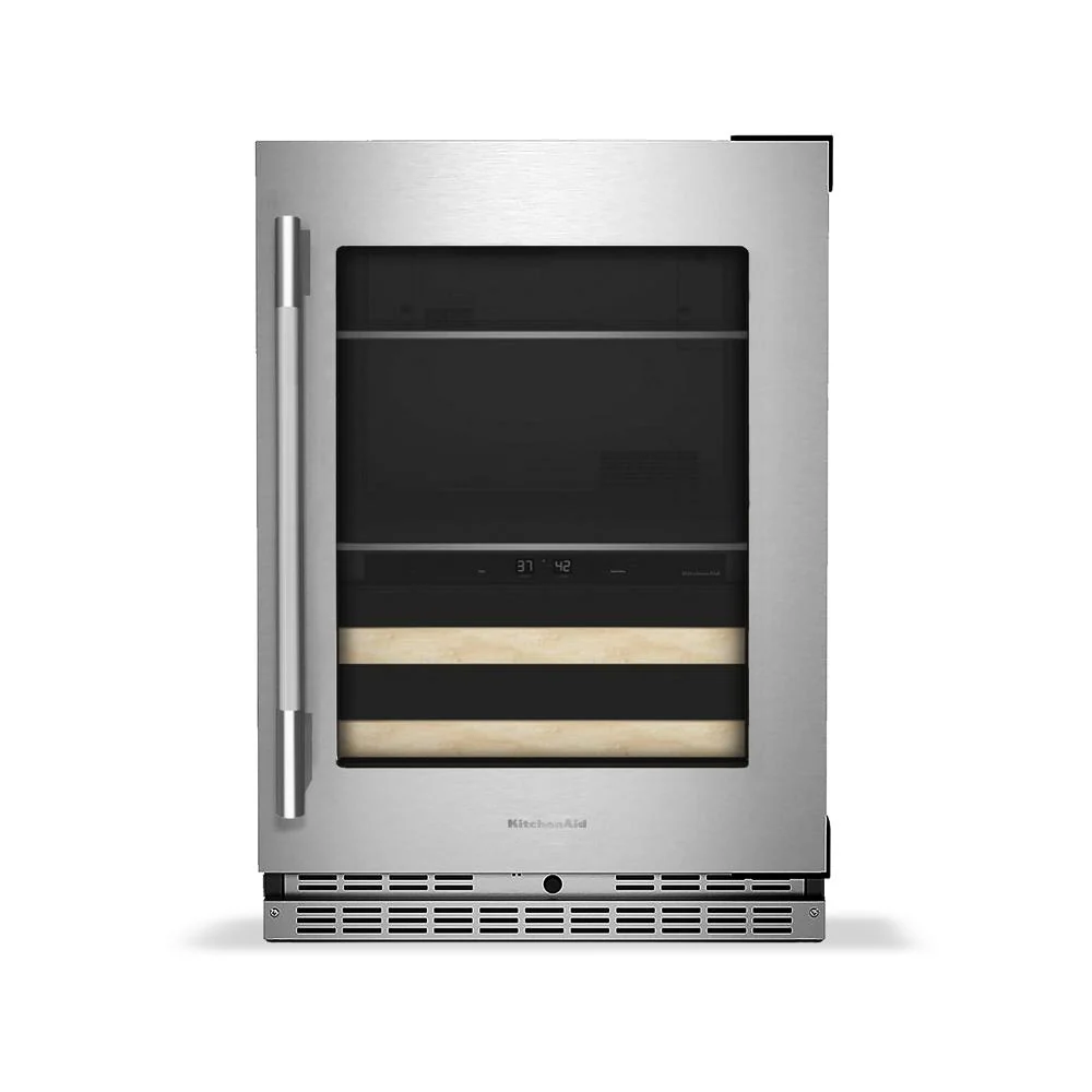 Healthy 4.8 Cu. Ft. 24-Inch Beverage Center with 14-Wine Bottle Capacity and Wood-Front Racks in Stainless Steel with PrintShield® Finish Fine