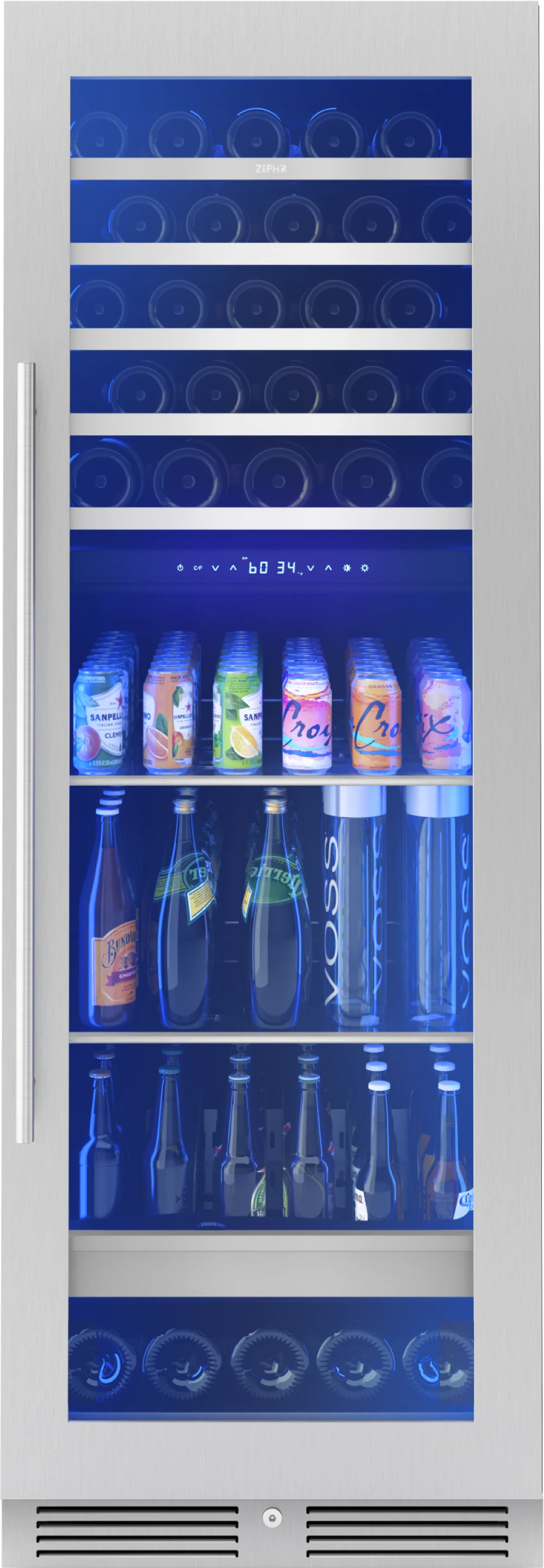 Soft Presrv Wine and Beverage Cooler 24in Full Size SS Glass Reversible Door 2 Zones Versatile