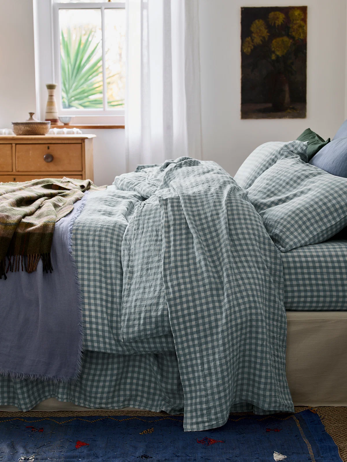 Durable Warm Blue Gingham Linen Flat Sheet Official