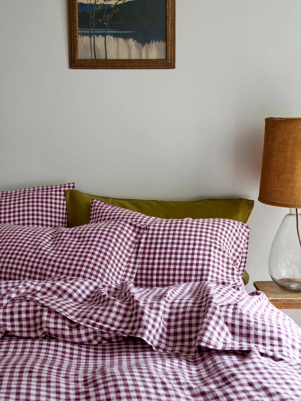 Top-Quality Berry Gingham Linen Pillowcases Pair Traditional
