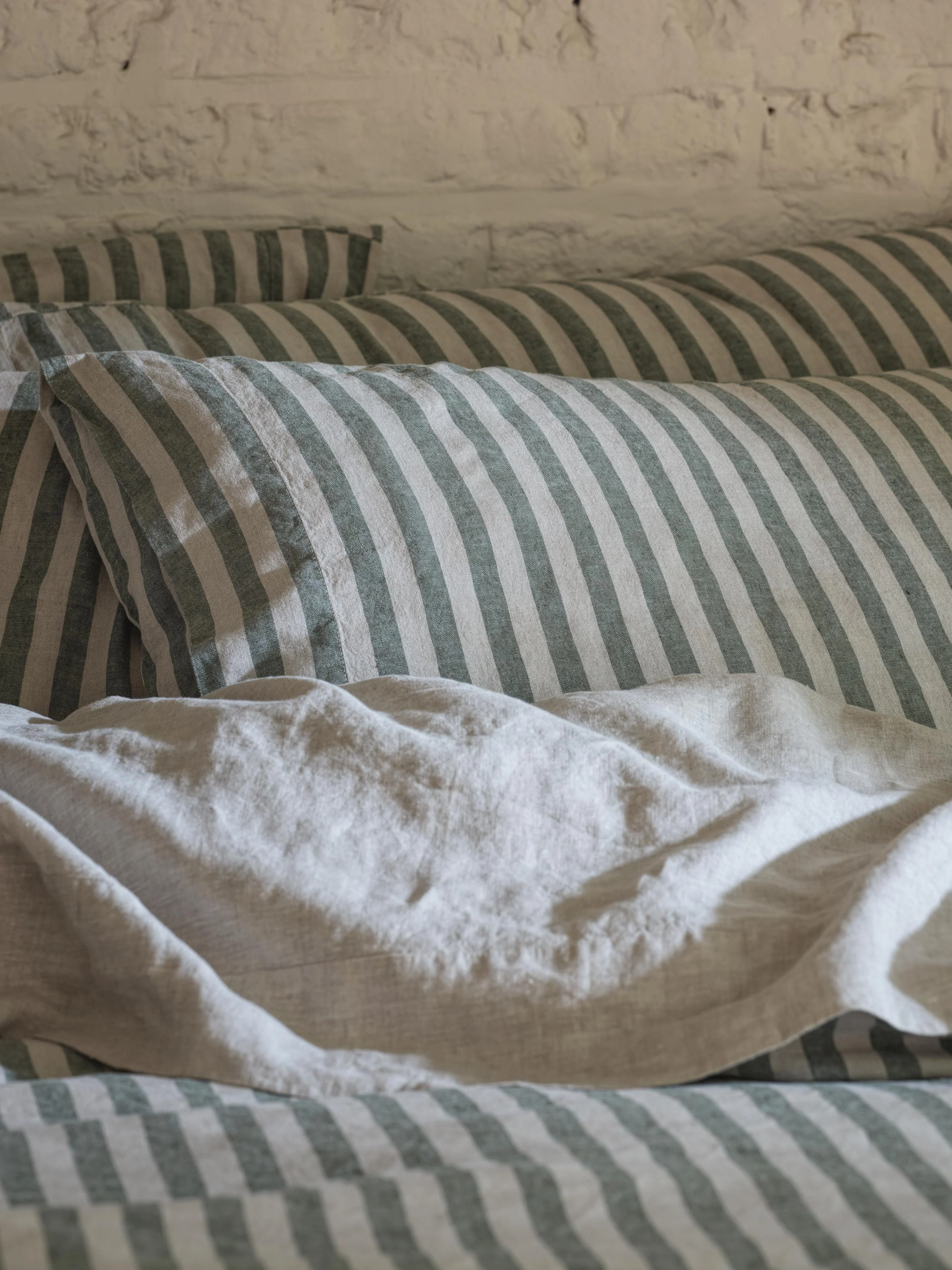 Practical Fern Green Pembroke Stripe Linen Blend Pillowcases Pair First-Class