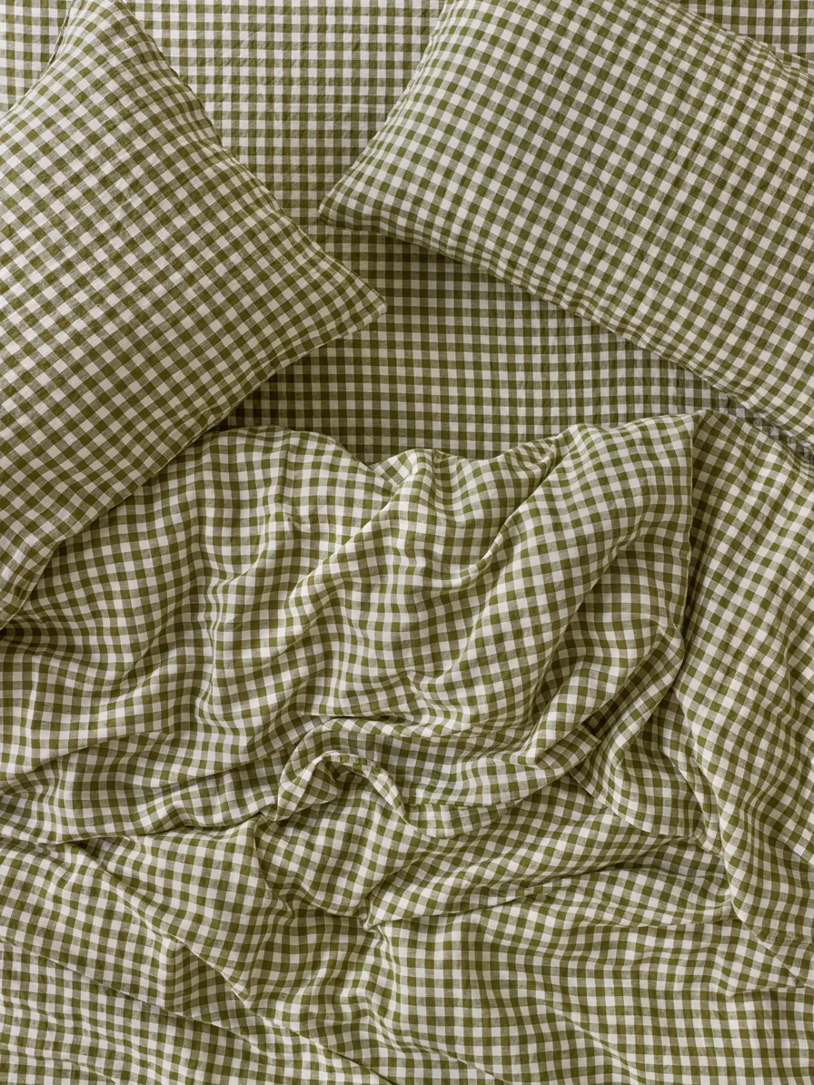 Smooth Botanical Green Gingham Linen Blend Duvet Cover Expertly Made