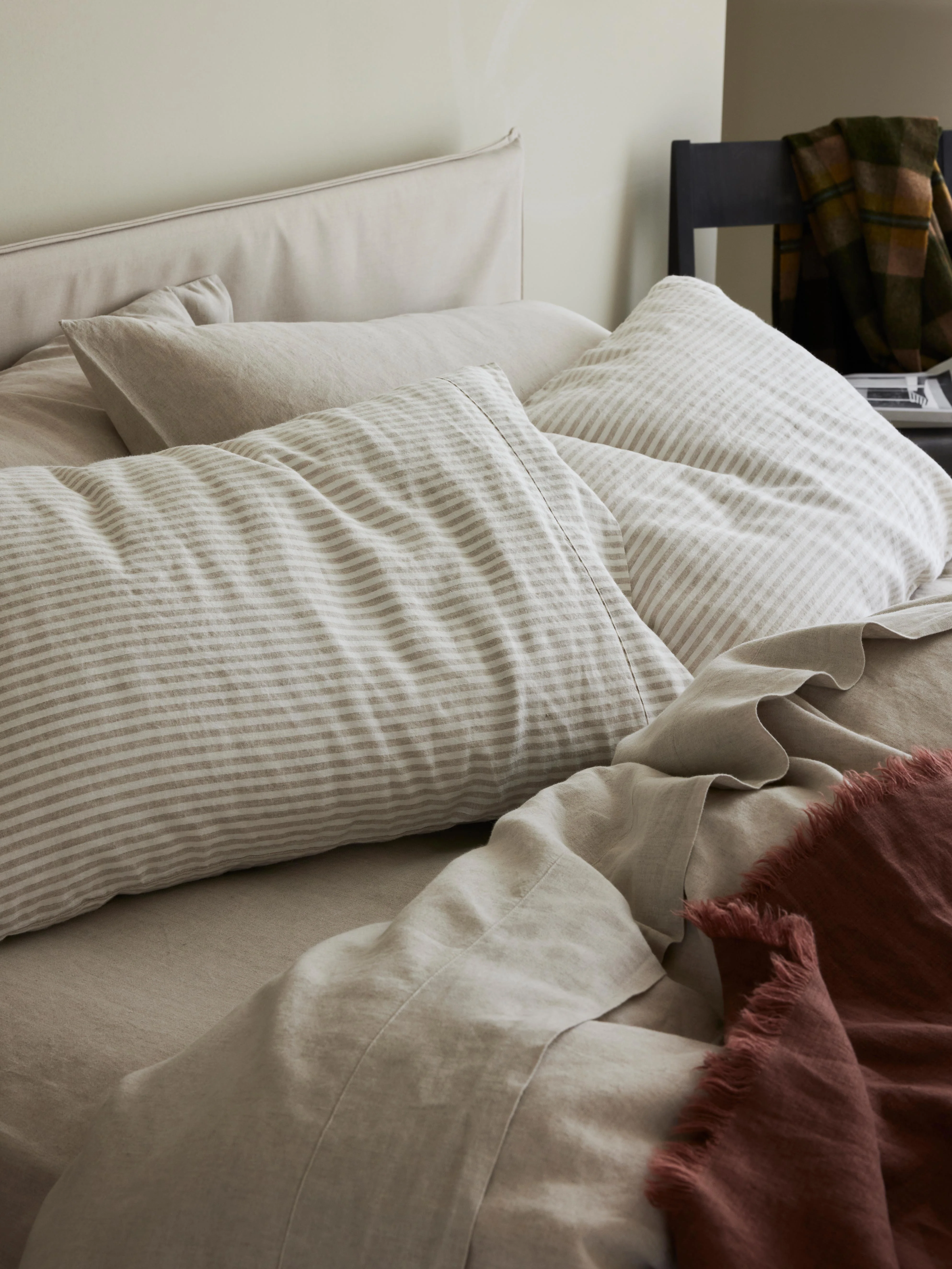 Carefully Designed Oatmeal Stripe Linen Blend Pillowcases Pair Solid