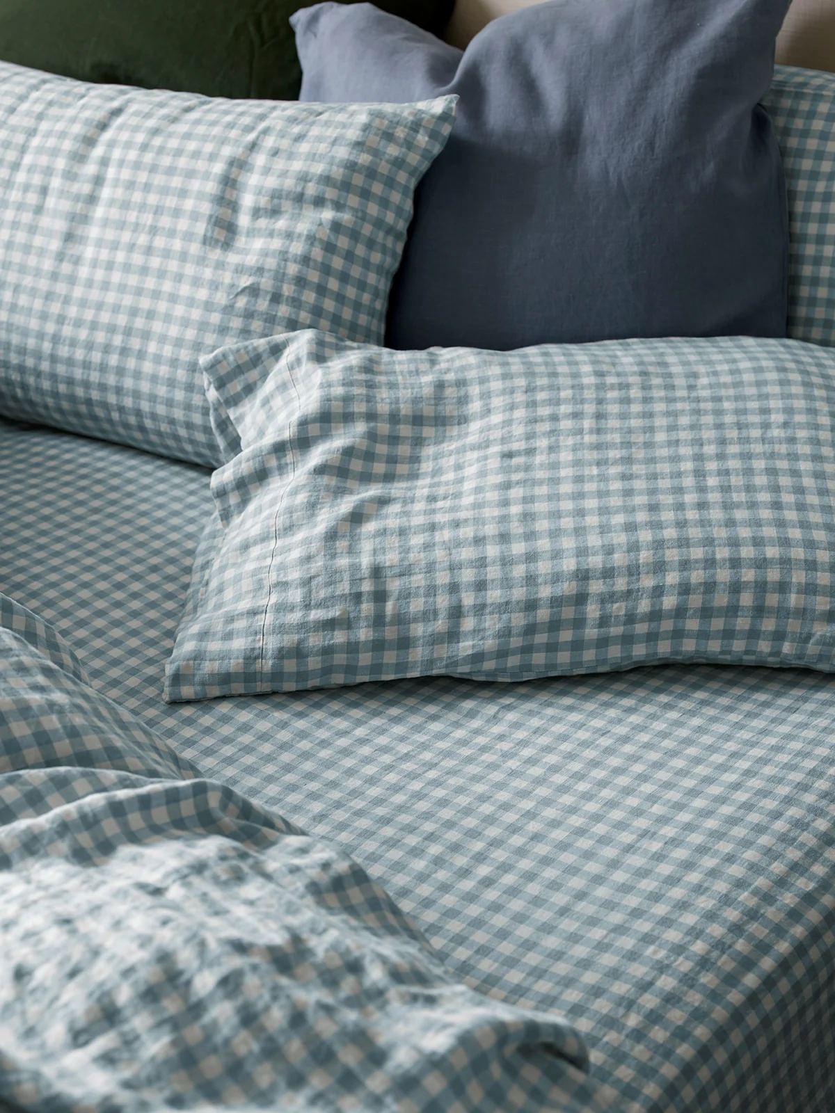 Carefully Designed Warm Blue Gingham Linen Blend Fitted Sheet Fast