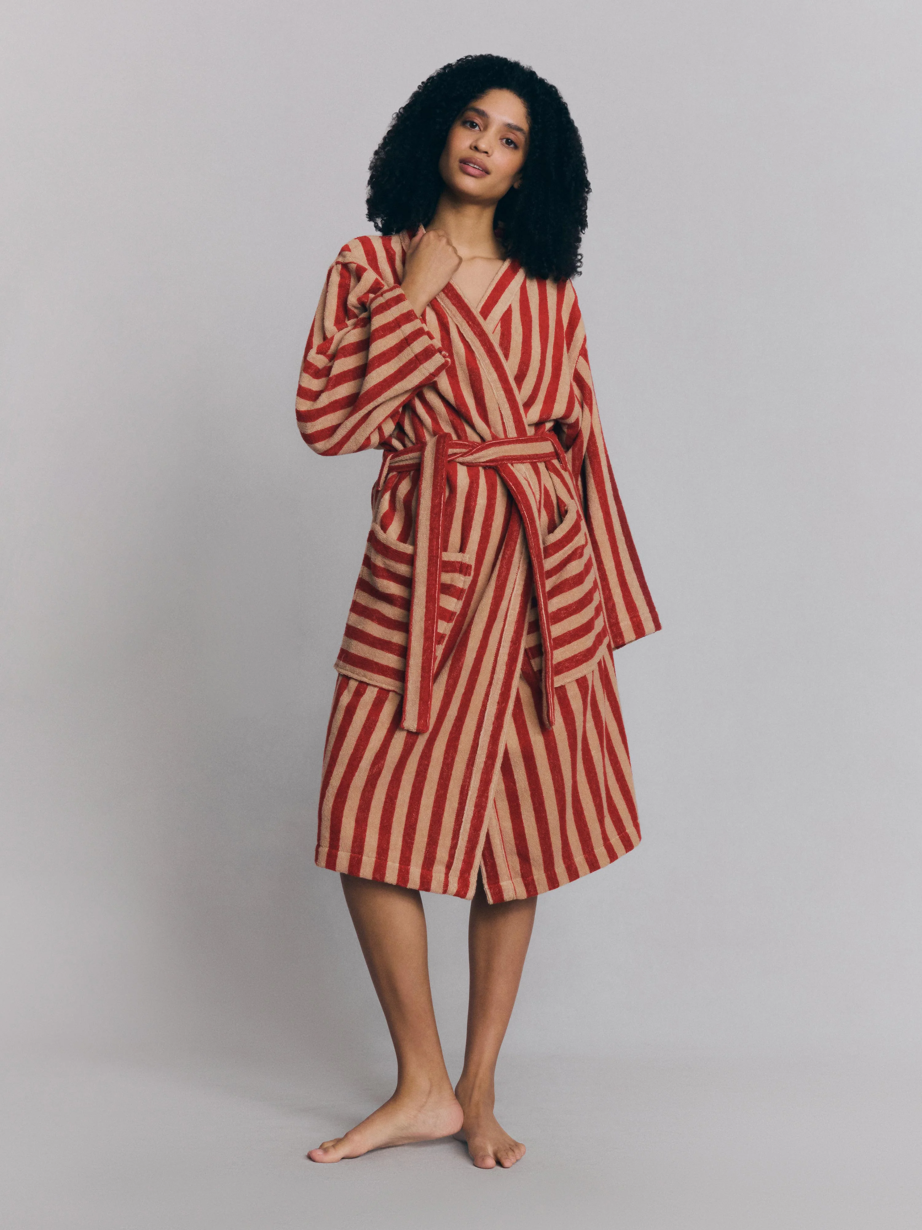 Convenient Sandstone Red Pembroke Stripe Cotton Robe Durable