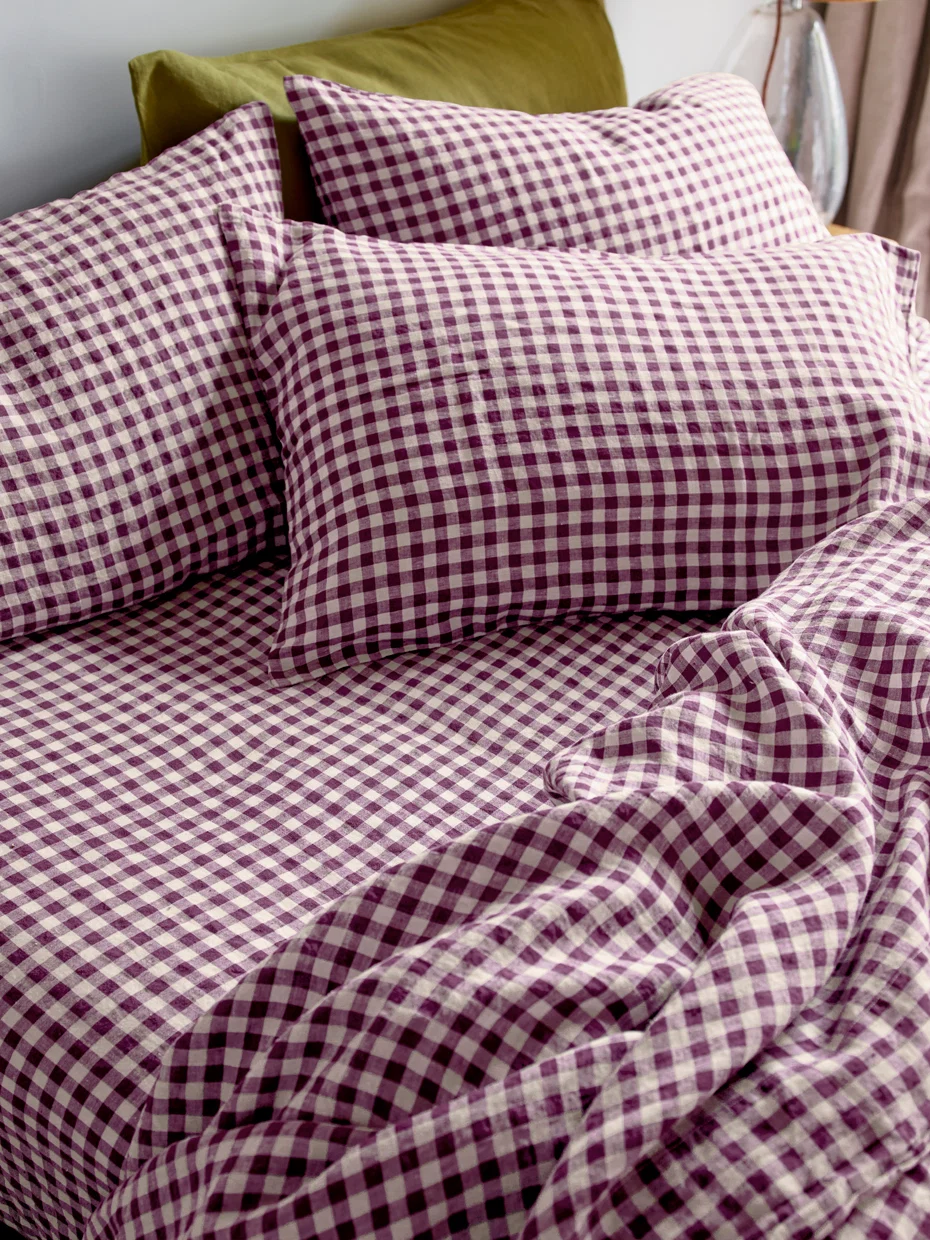 High-Grade Berry Gingham Linen Blend Fitted Sheet Elite