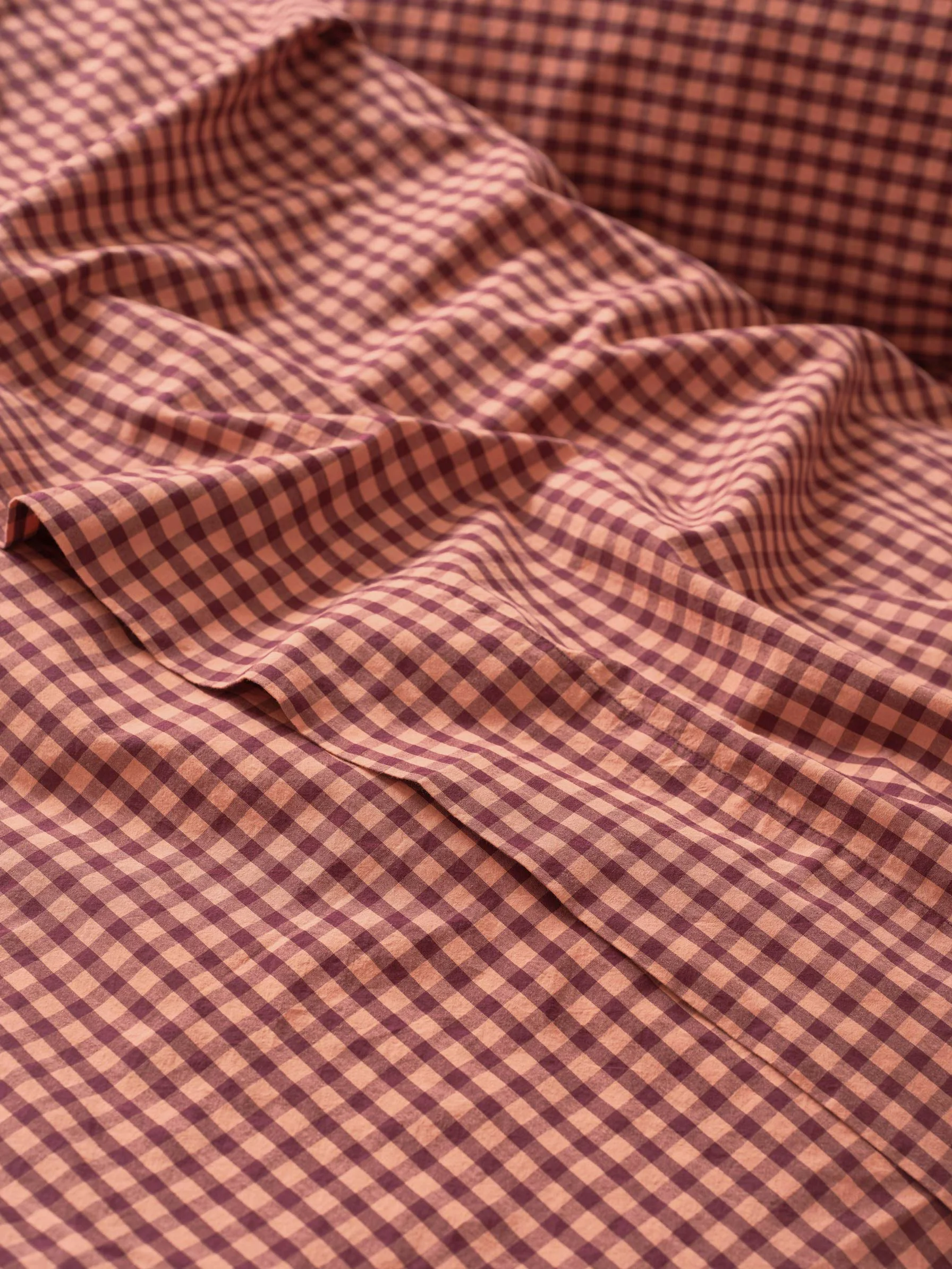 Reusable Fig Blush Pink Gingham Washed Cotton Percale Flat Sheet Fine Crafted