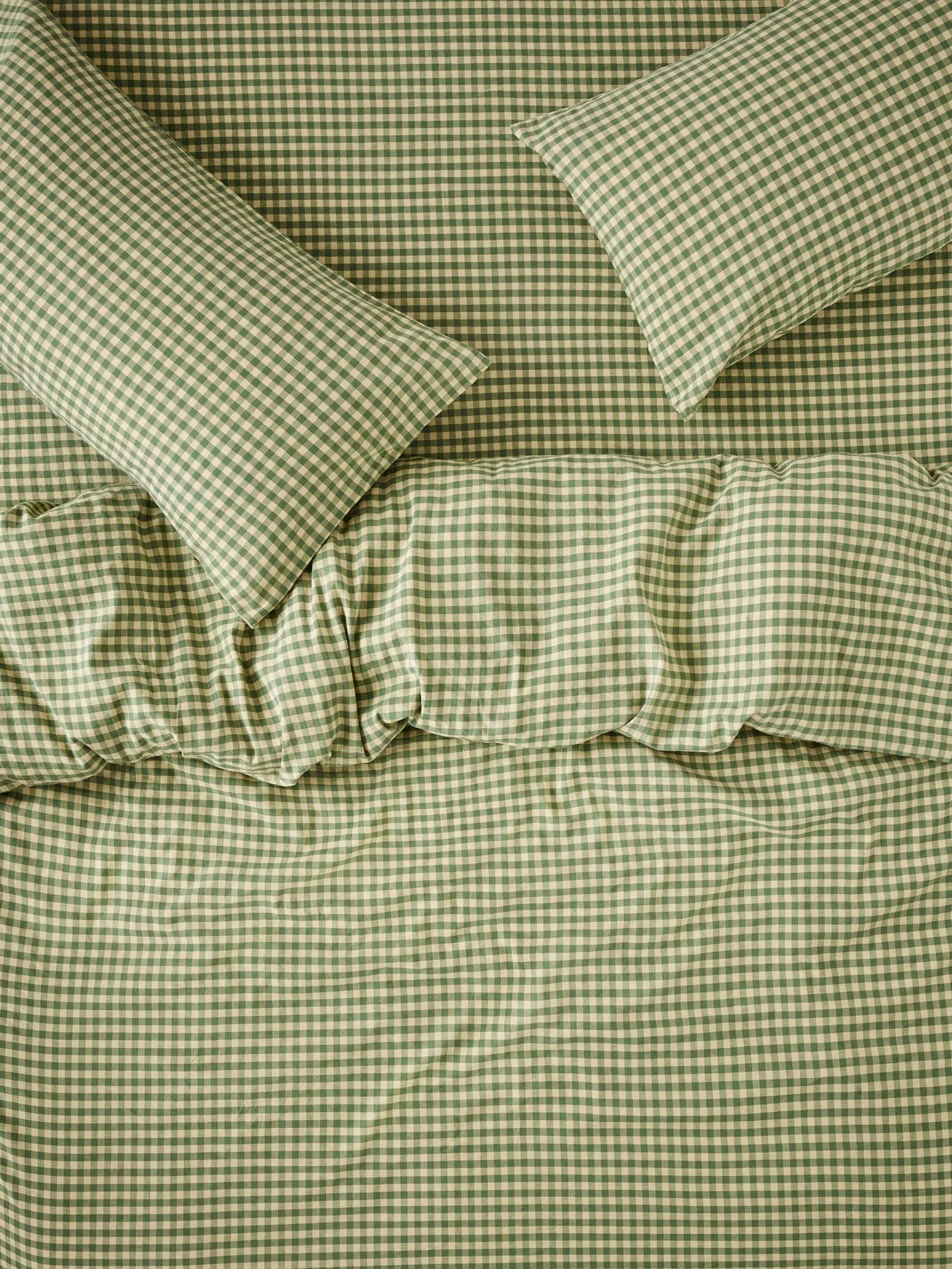 High-Quality Elm Green Butter Yellow Colour Drenched Gingham Linen Blend Duvet Cover Solid