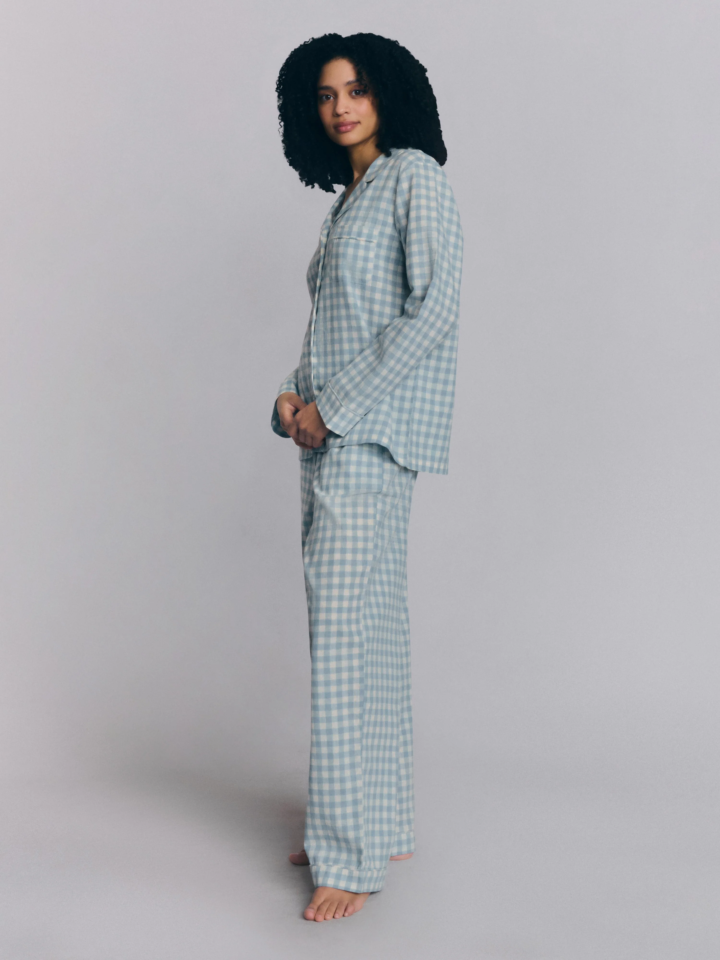 Artisan Warm Blue Gingham Linen Blend Pyjama Trouser Set Professional
