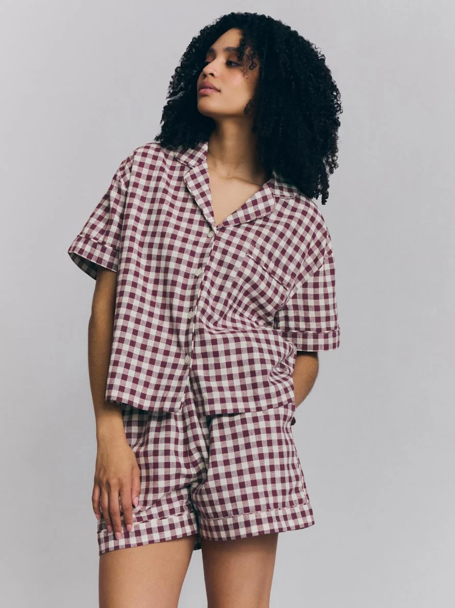 Flexible Berry Gingham Linen Blend Pyjama Short Set Professional
