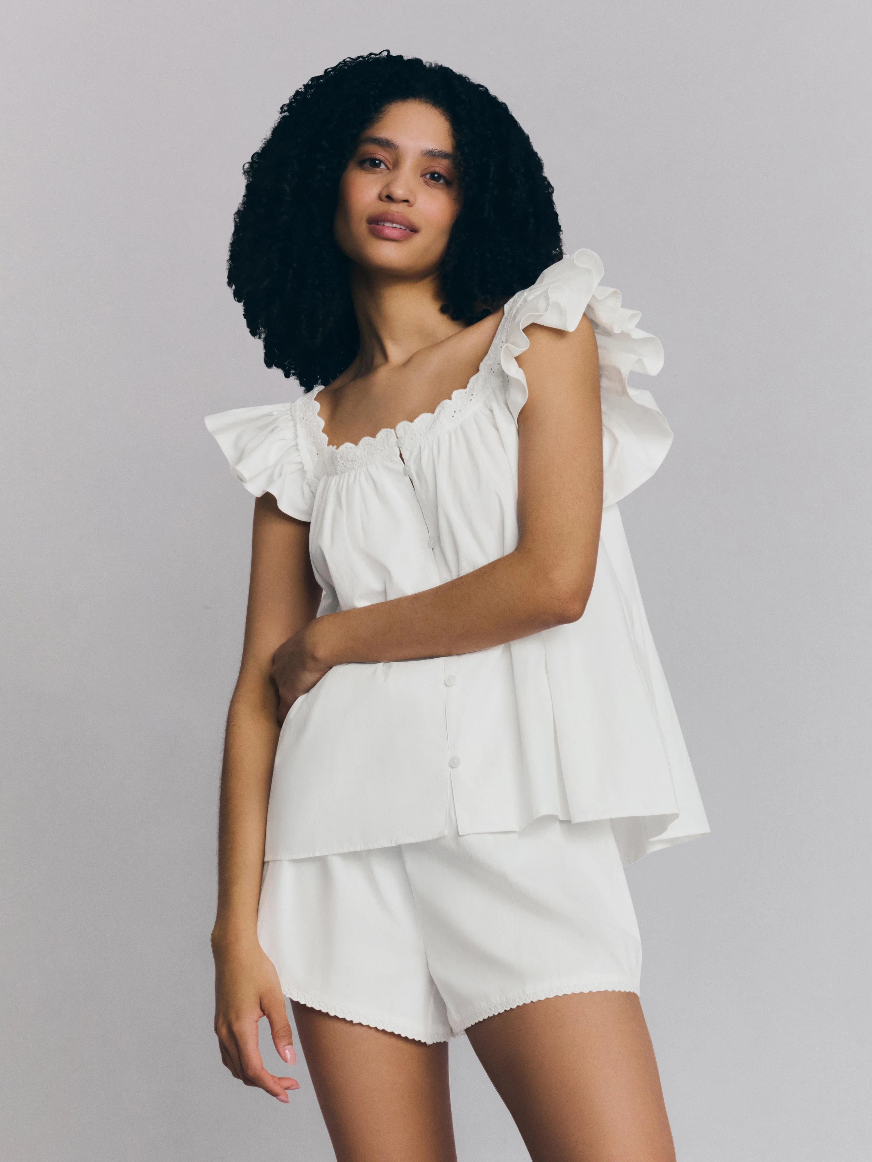 Clean White Embroidered Cotton Frill Cami Shorts Set Healthy