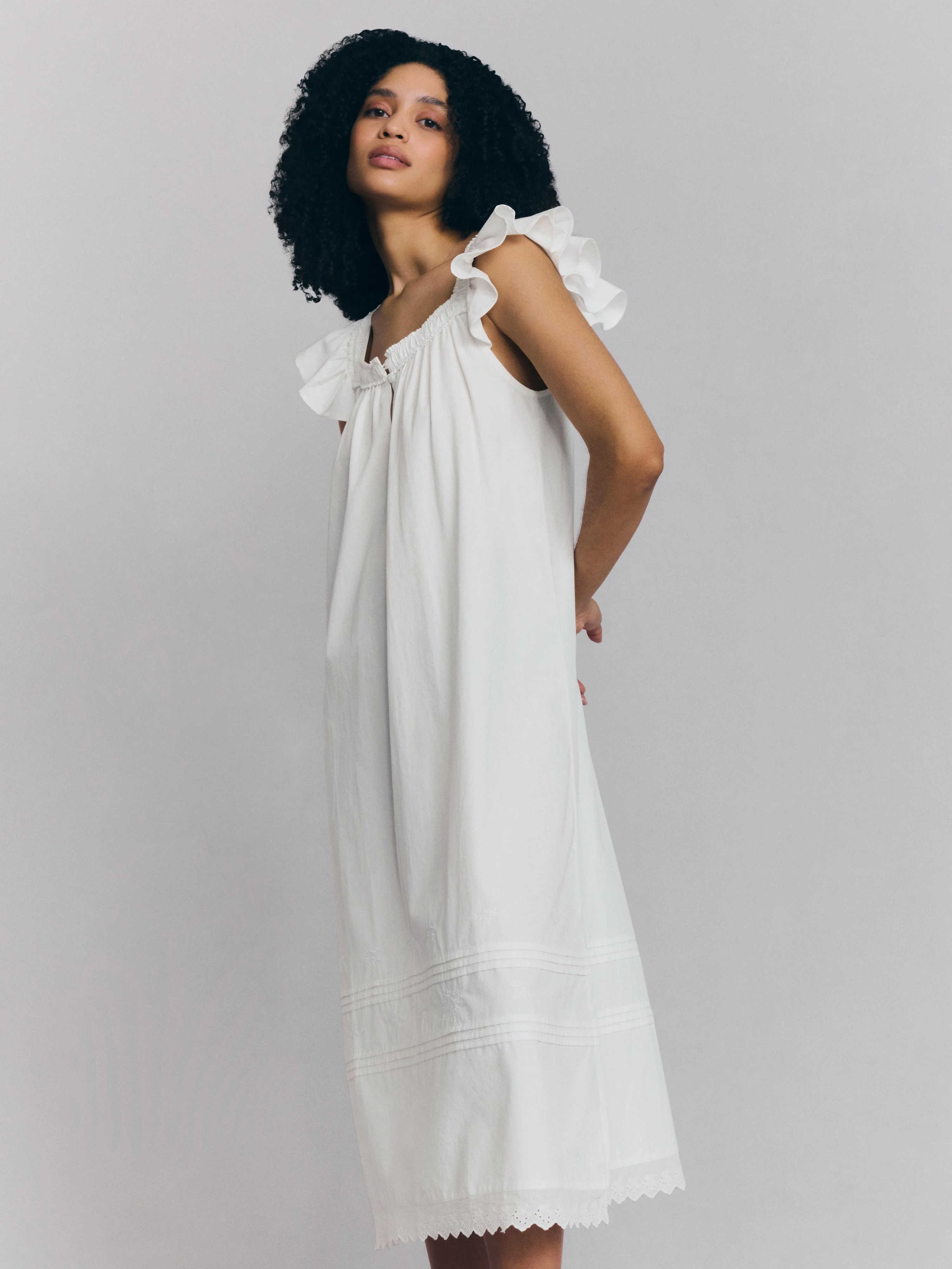 Traditional White Floral Embroidered Cotton Frill Nightie Optimized