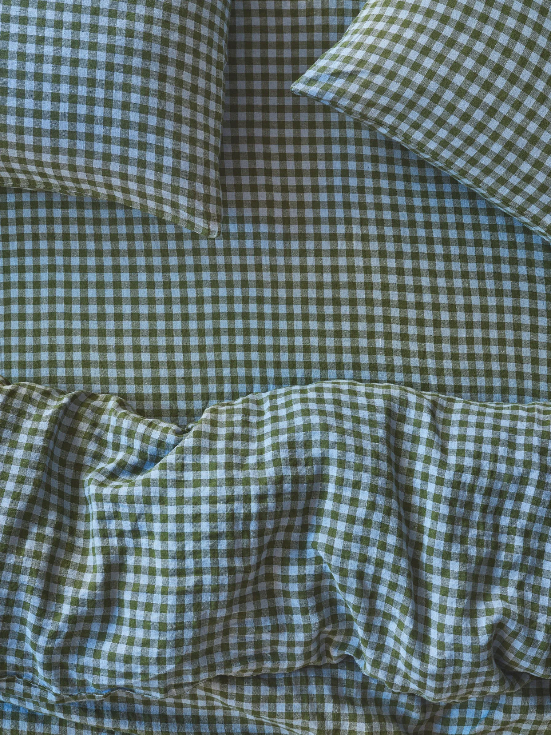 Practical Fern Green Dusk Blue Colour Drenched Gingham Linen Fitted Sheet Convenient