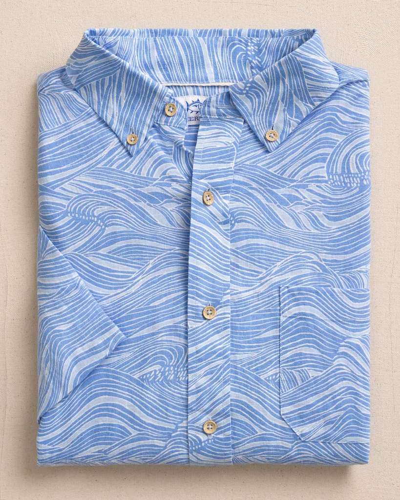 Functional Rolling Waves Linen Rayon Short Sleeve Sport Shirt Relaxed