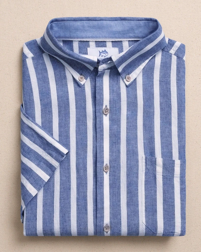 Practical Seamark Stripe Linen Rayon Short Sleeve Sport Shirt Outstanding