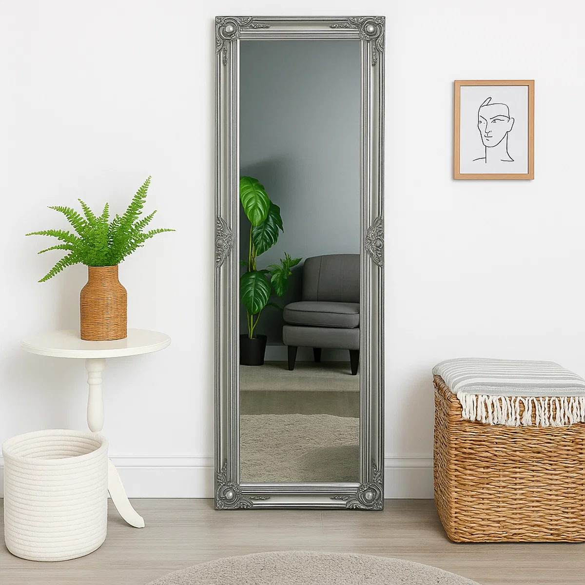 Trendy Tall Silver Ornate Mirror 47cm x 142cm Versatile