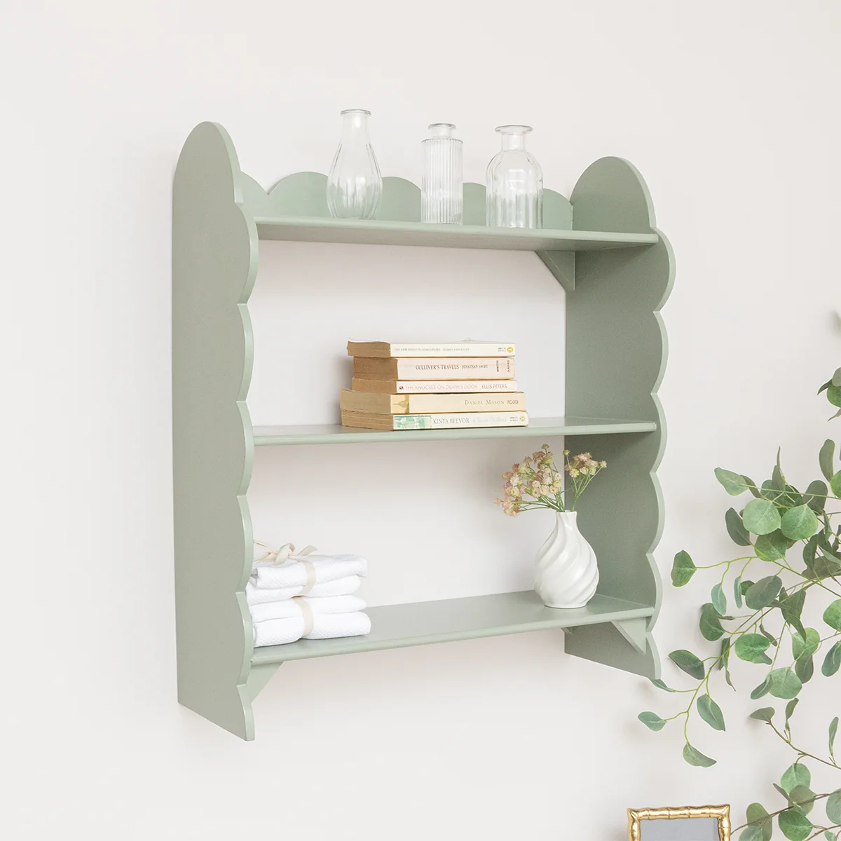Prestigious Sage Green Scalloped Wall Shelf with 3 Shelf Units Enhanced
