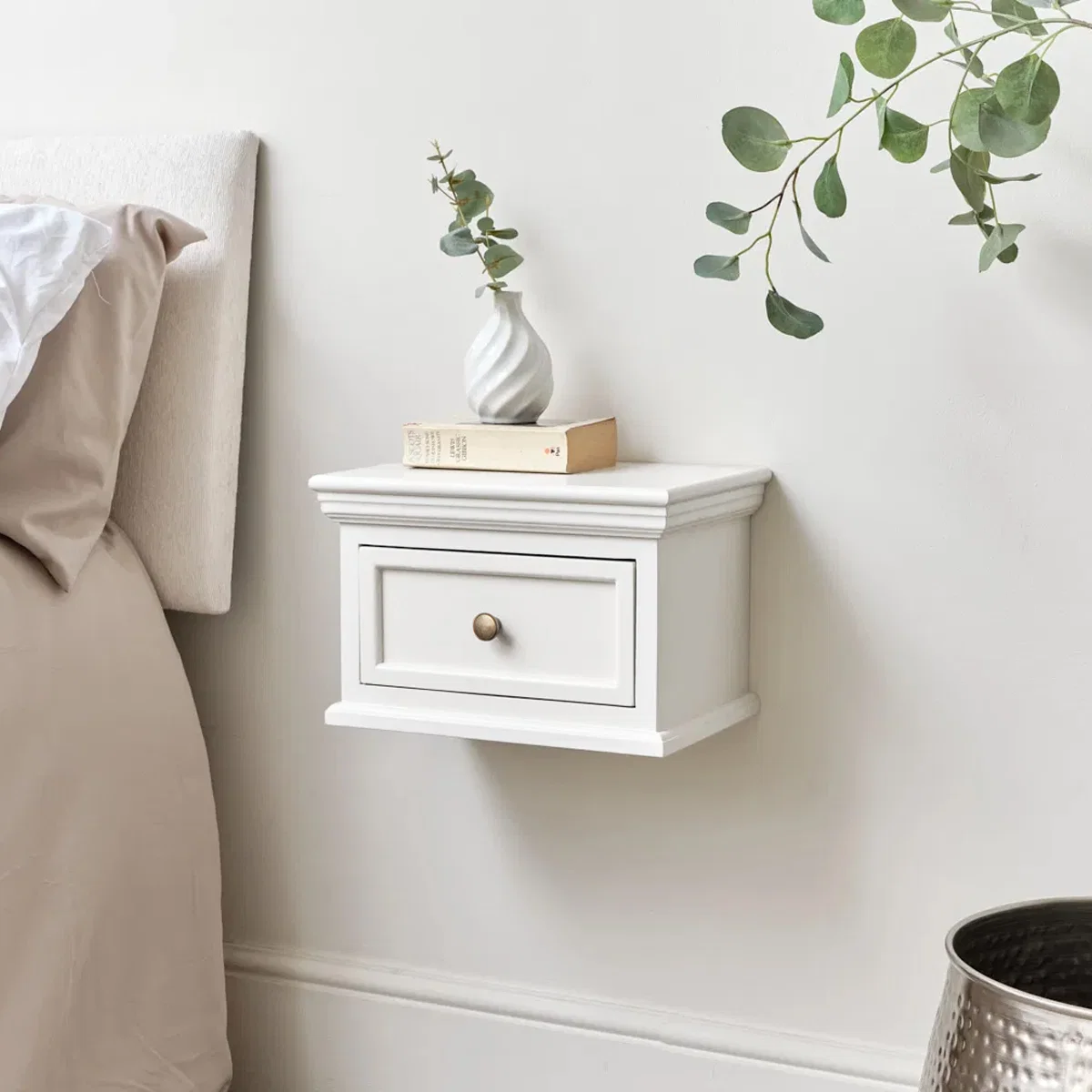 Optimized White Wall Mounted Bedside Table - Daventry White Range Comfortable