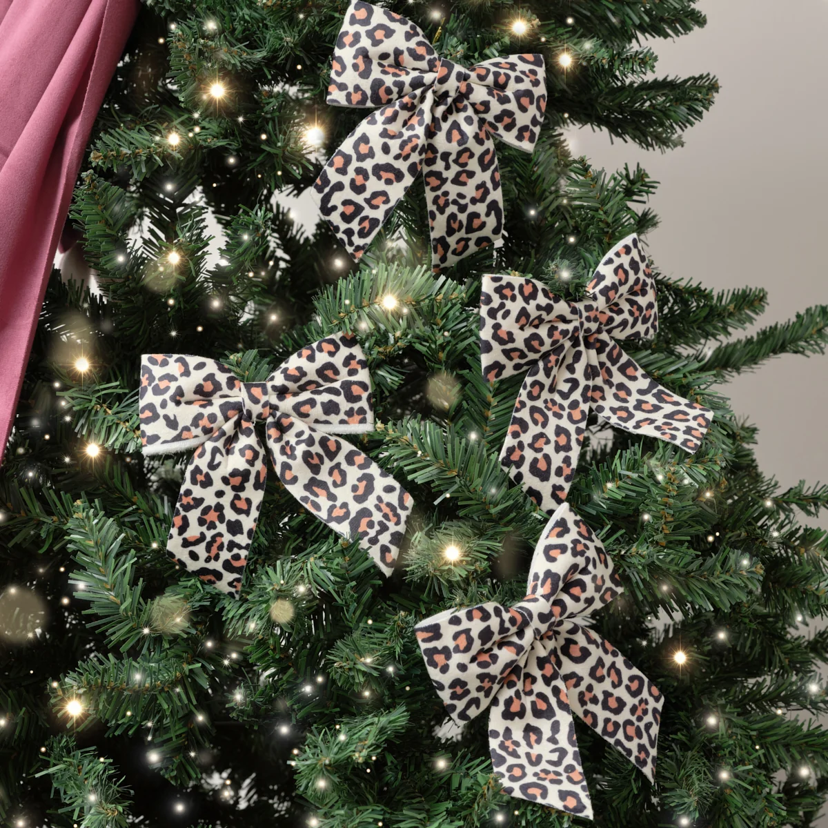 High-Grade Set of 4 Leopard Print Velvet Bow Decorations - 14cm Superior