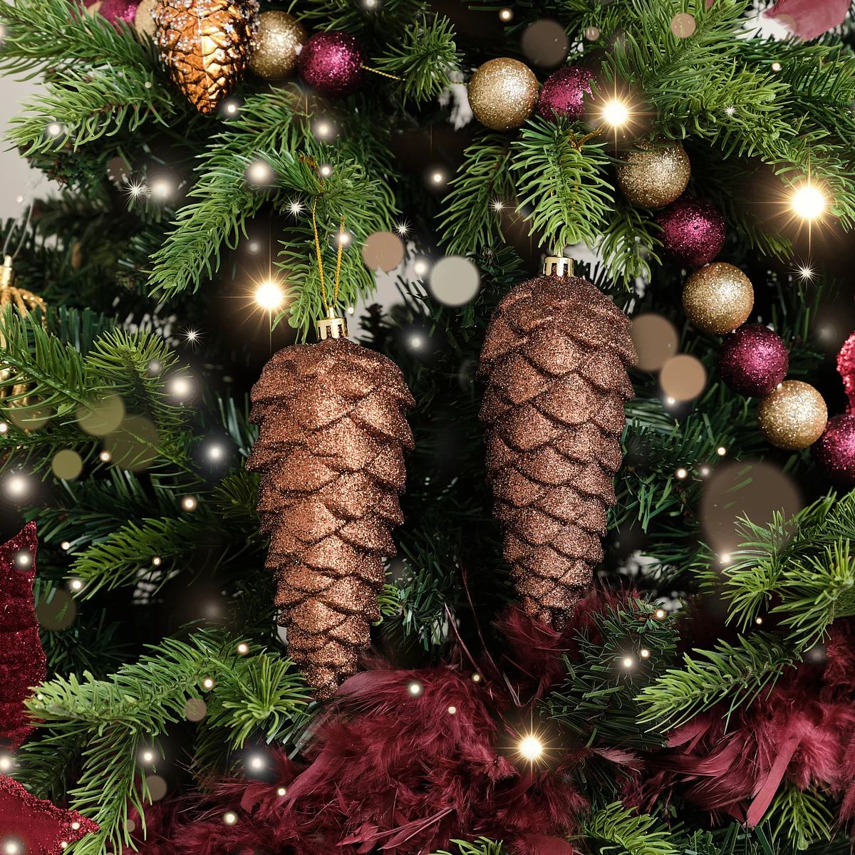 Casual Set of 2 Tan Glittered Pinecone Bauble Decoration - 12cm Safe