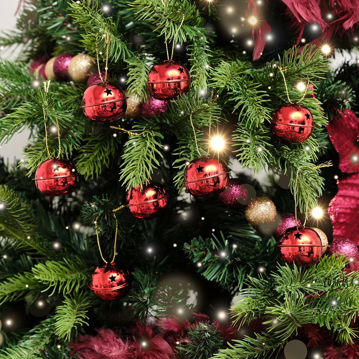 Trendy Set of 8 Red Hanging Bell Christmas Decorations - 4cm Practical