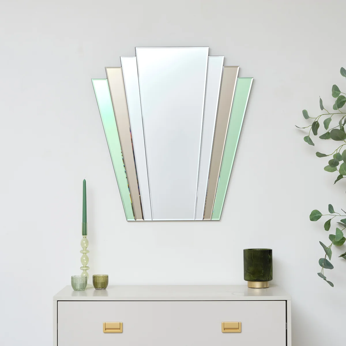 User-Friendly Green Mocha Glass Art Deco Fan Wall Mirror 75cm x 68cm High-Grade
