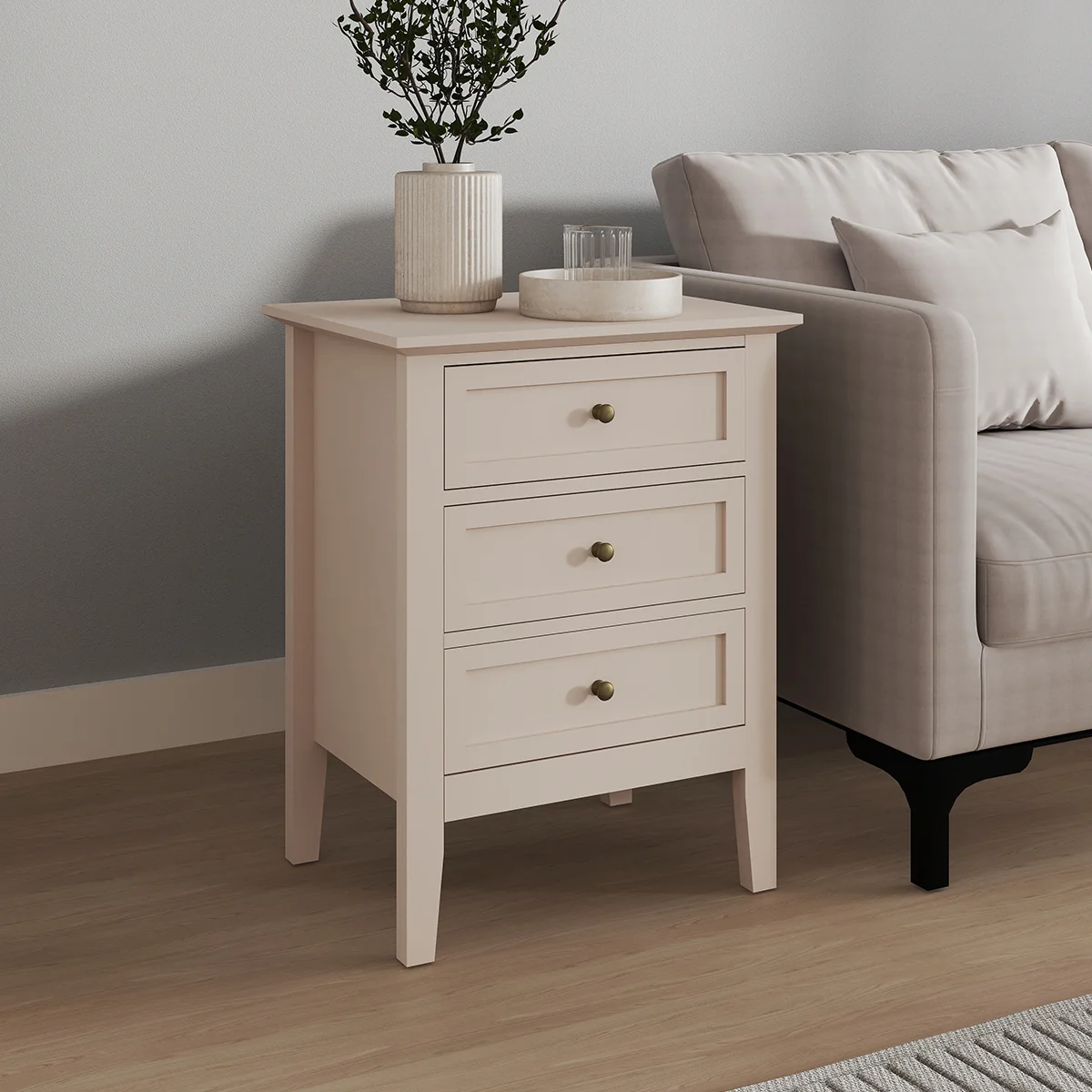 Pure 3 Drawer Bedside Table - Rowley Taupe Grey Range Green