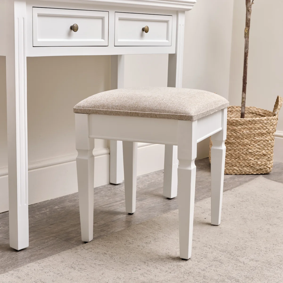 Sophisticated White Cushioned Dressing Table Stool - Daventry White Range Efficient