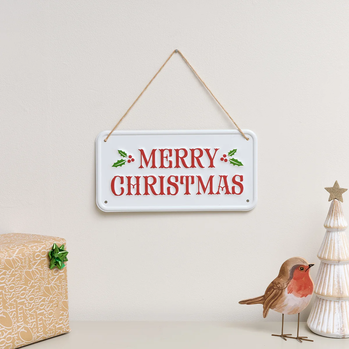 Minimalist Red White and Green Merry Christmas Decorative Sign Crafted
