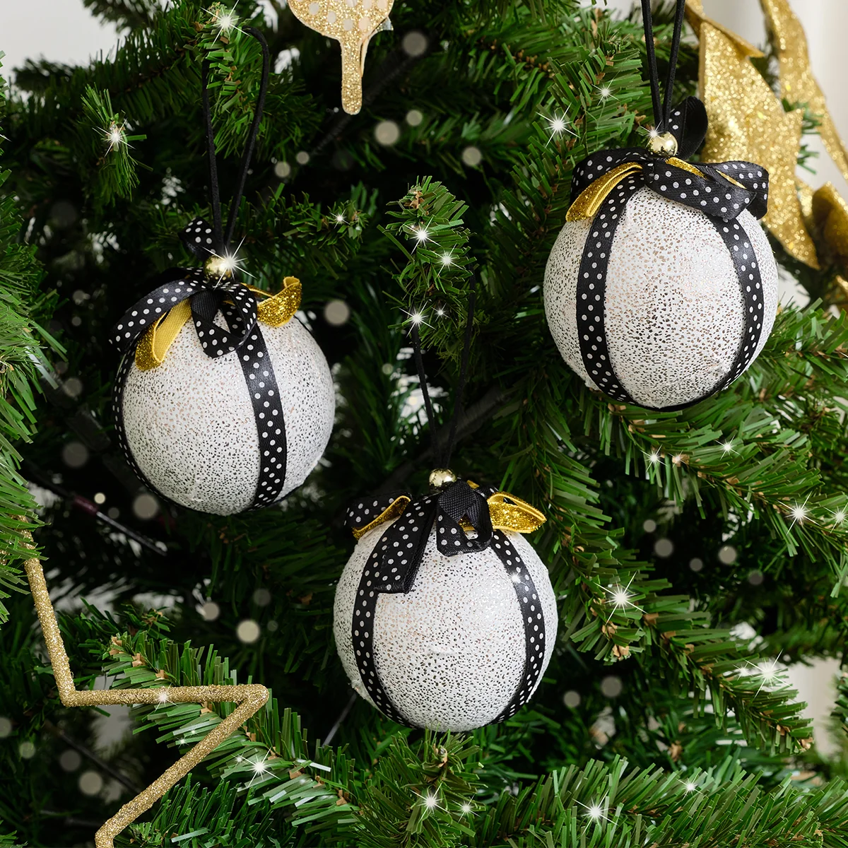 Functional Set of 3 Round White Black Gold Ribbon Baubles Top-Quality
