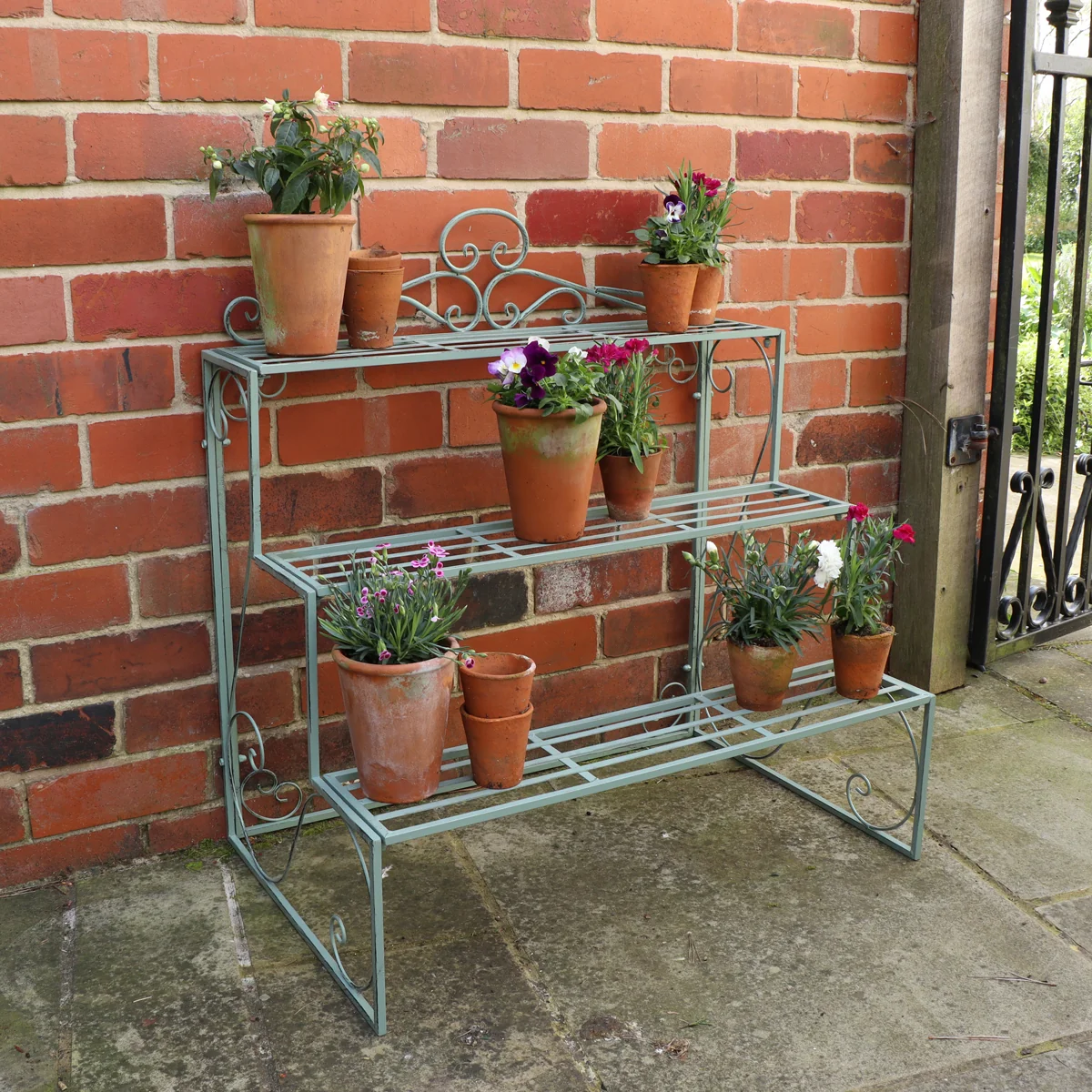 Original Sage Green Metal Three Tier Plant Theatre Stand Minimalist