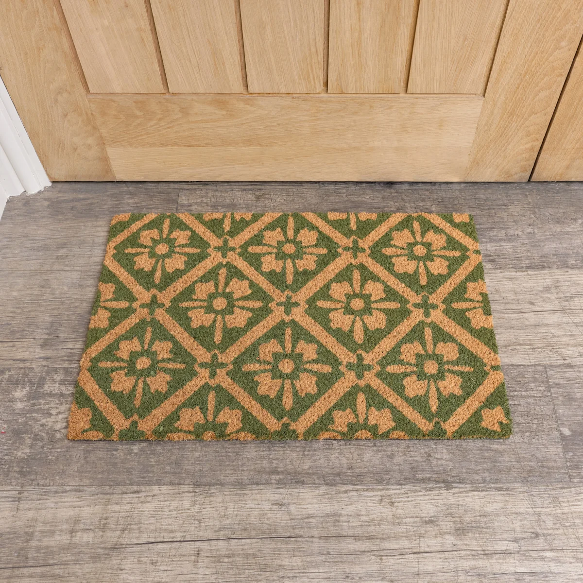 Fine Crafted Green Natural Geometric Tile Print Coir Door Mat Clean