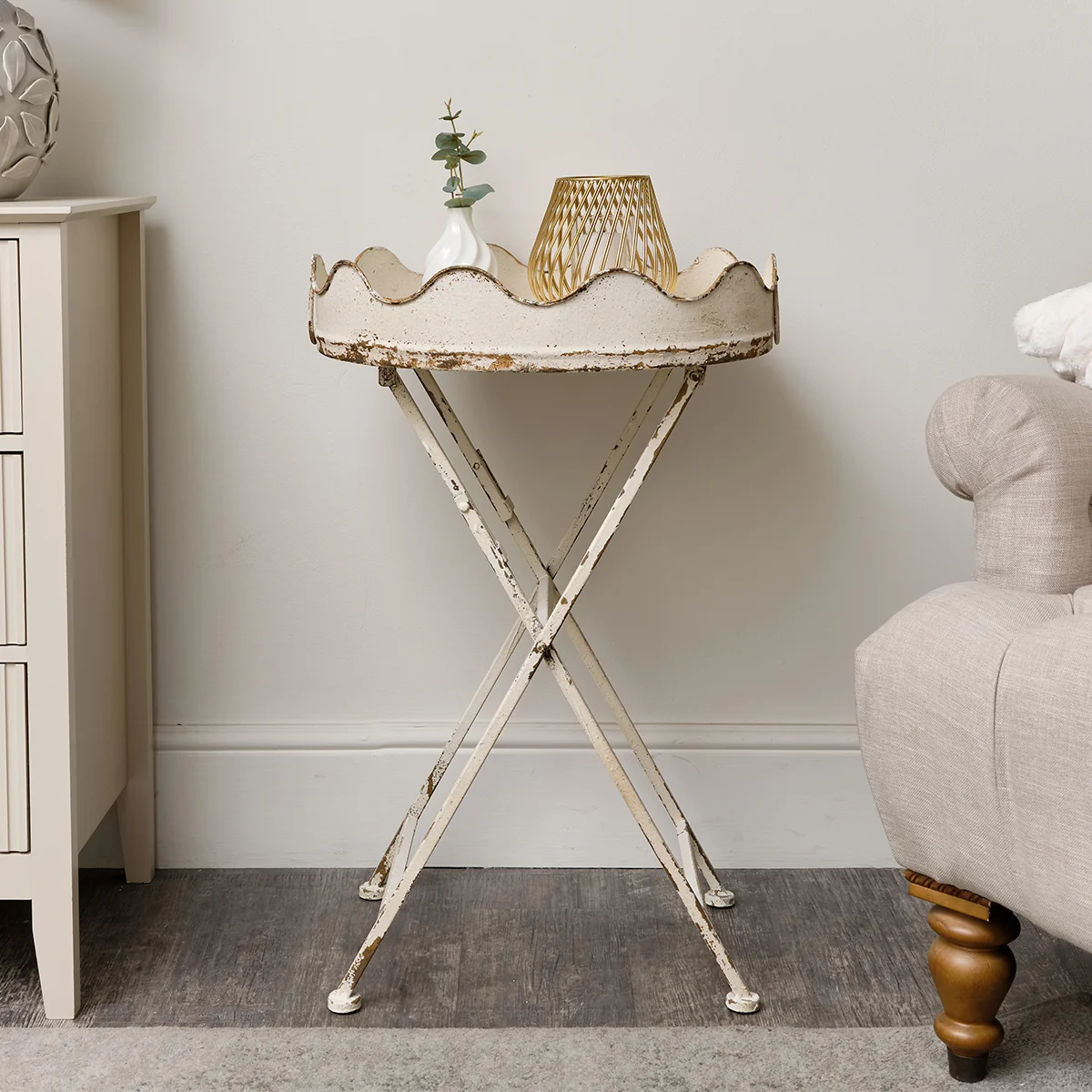 Original Distressed White Scalloped Tray Table - 48cm x 75cm First-Class