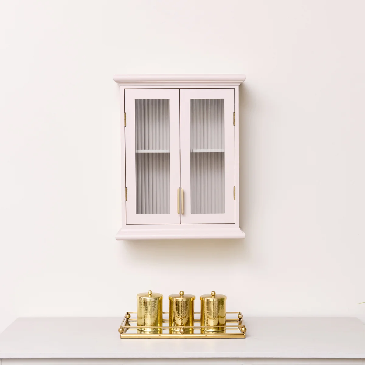 Exceptional Pink Reeded Glass Wall Cabinet Prestigious