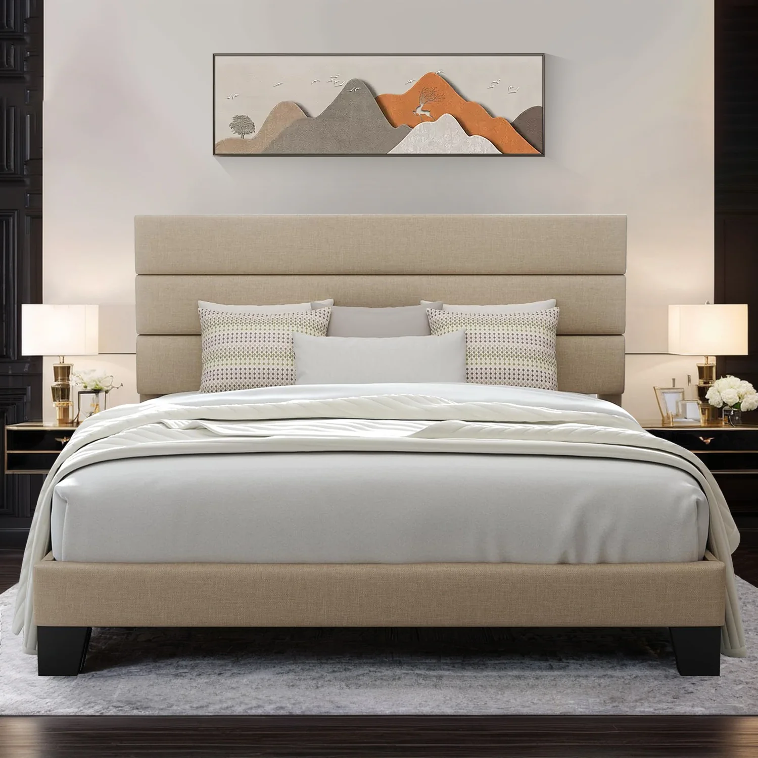 Pure Platform Bed Frame with Fabric Upholstered Headboard and Wooden Slat Support No Springs RequiredPlatform Bed Frame with Fabric Upholstered Headboard and Wooden Slat Support No Springs Required Verified