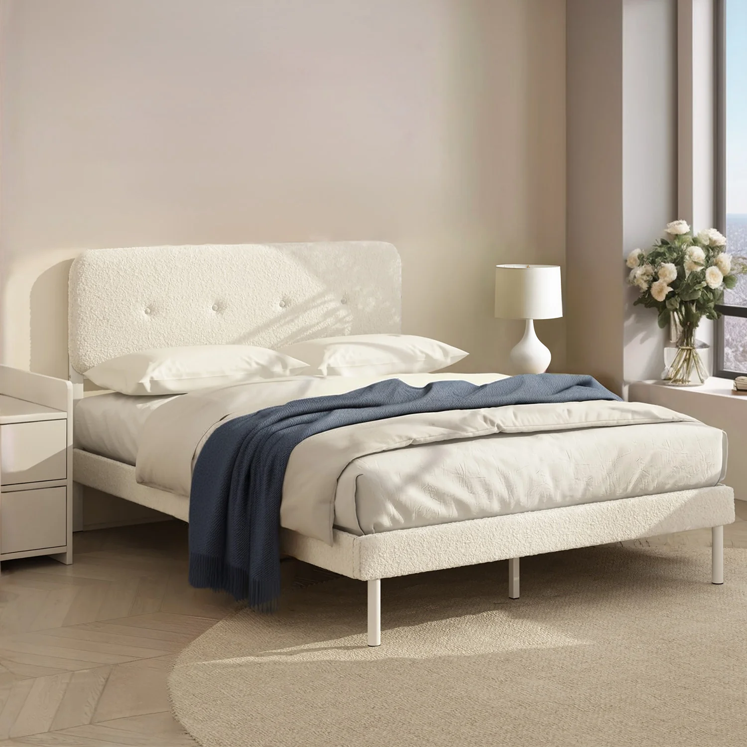 Carefully Designed Boucle Upholstered Bed Frame with Adjustable Headboard Under Bed Storage No Box Spring NeededBoucle Upholstered Bed Frame with Adjustable Headboard Under Bed Storage No Box Spring Needed Lightweight