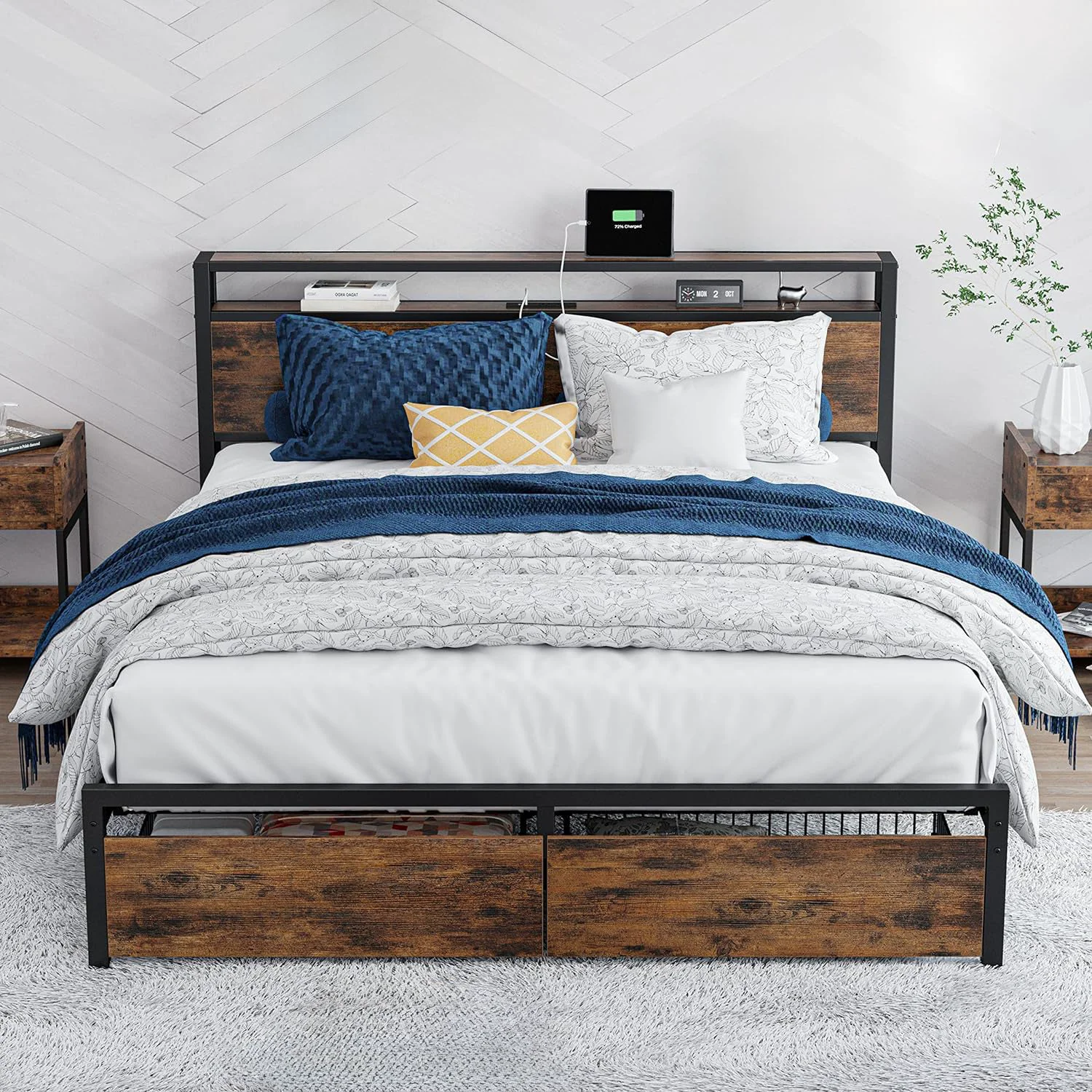 High-Grade Bed Frame with Storage Headboard Platform Bed with Drawers and Charging Station No Box Spring NeededBed Frame with Storage Headboard Platform Bed with Drawers and Charging Station No Box Spring Needed Casual