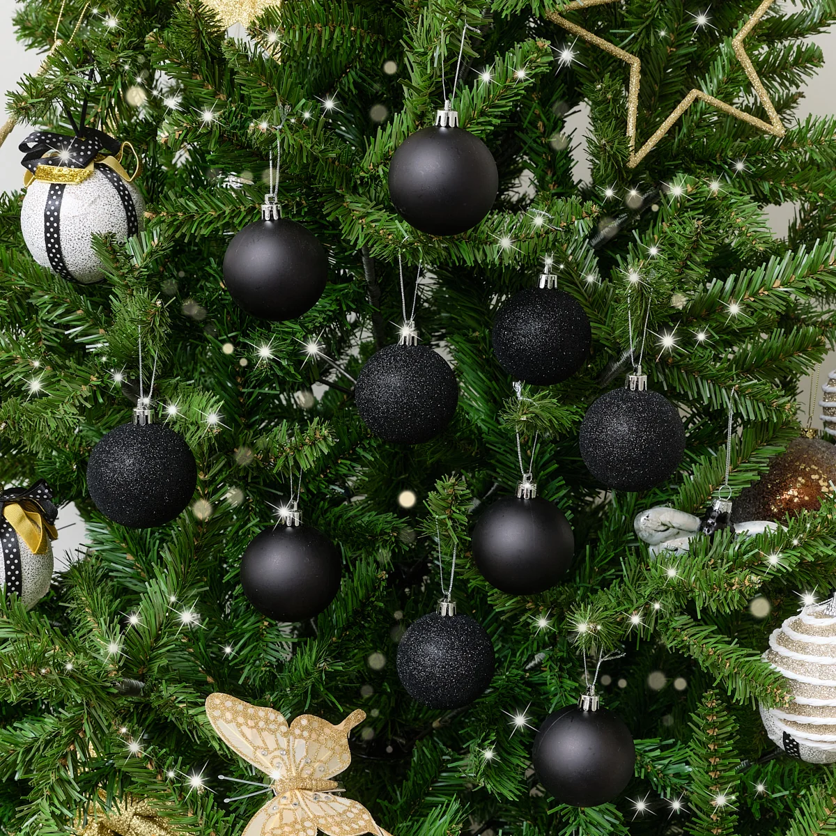 Recyclable Set of 10 Mixed Glitter Black Baubles - 6cm Unique