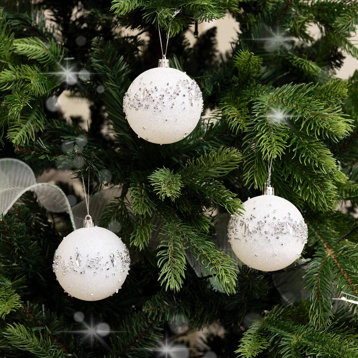 Certified Set of 3 White Glitter Silver Jewel Baubles - 9cm Fine Crafted