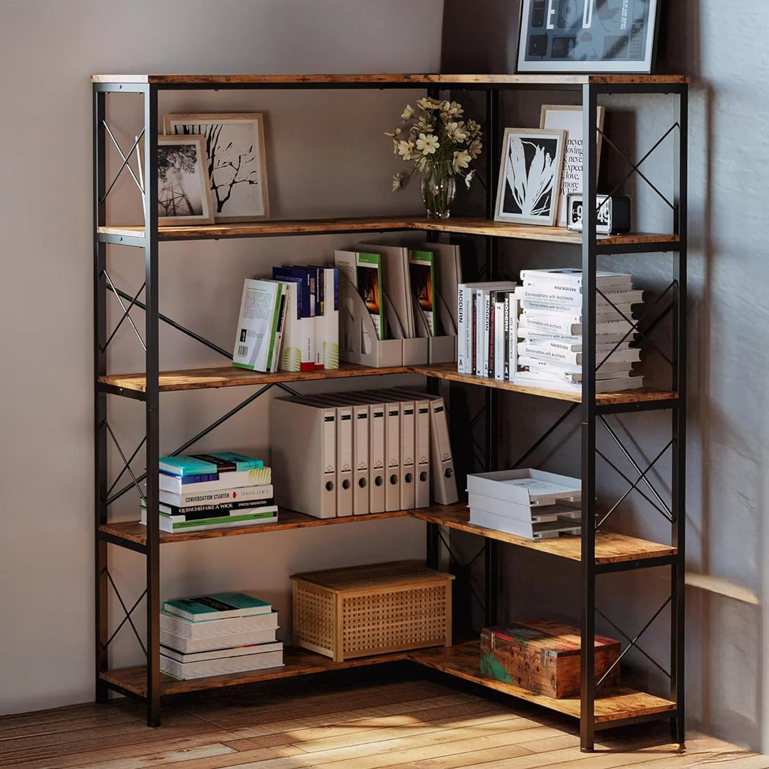Unique Corner Bookshelf 5 Tiers 6 Tiers Industrial Bookcases Shelf Storage Rack with Metal FrameCorner Bookshelf 5 Tiers 6 Tiers Industrial Bookcases Shelf Storage Rack with Metal Frame Efficient