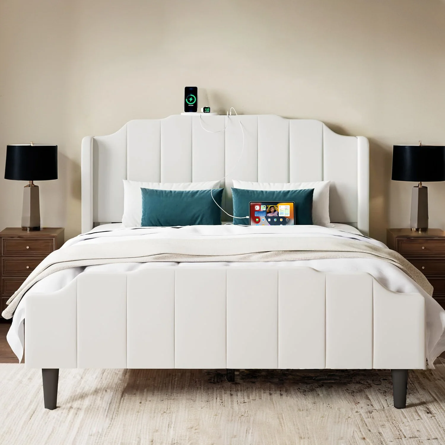 Secure Velvet Bed Frame with Curved Vertical Tufted Wingback Headboard and Footboard Charging Station Under Bed StorageVelvet Bed Frame with Curved Vertical Tufted Wingback Headboard and Footboard Charging Station Under Bed Storage First-Class