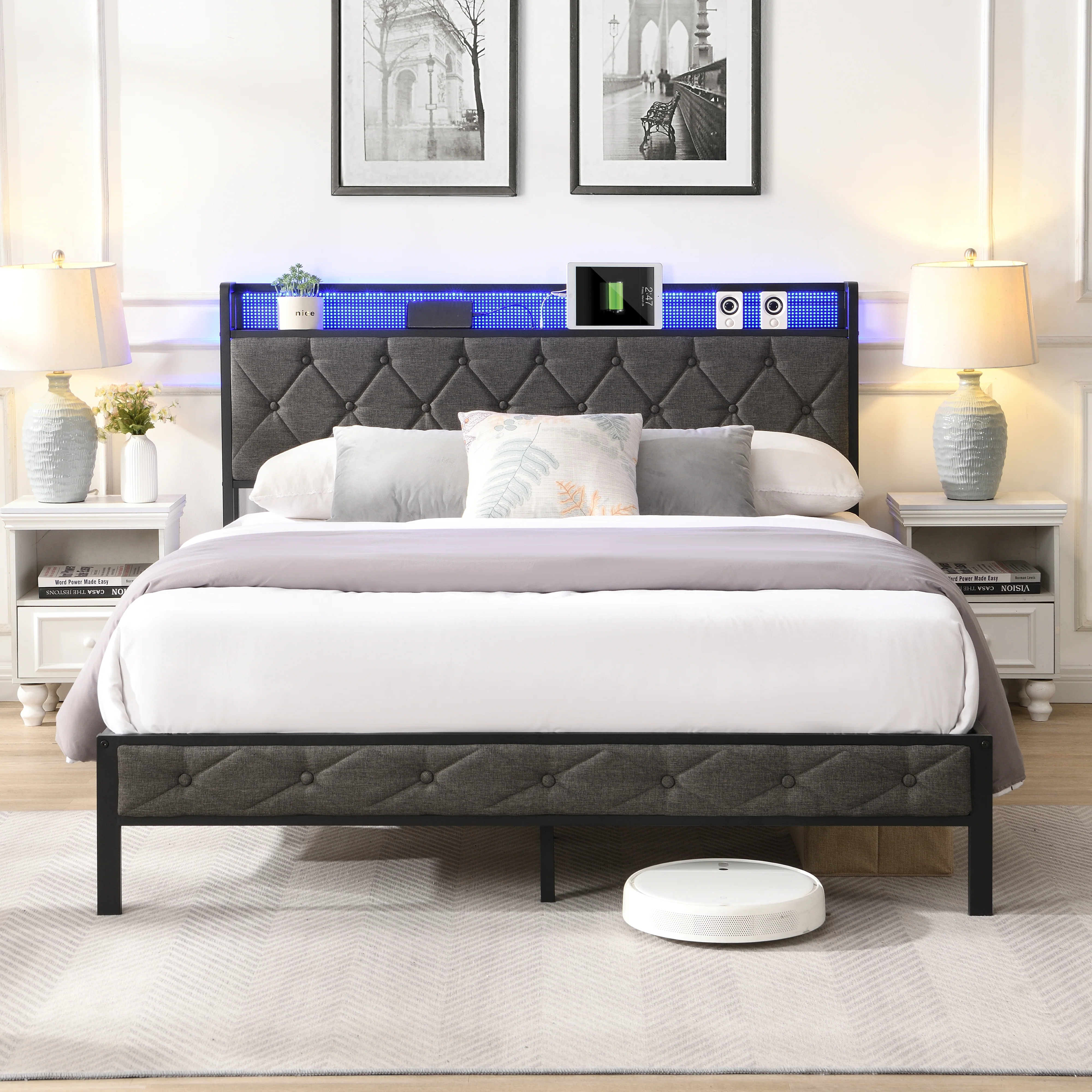 World-Class Upholstered Platform Bed Frame with Storage Headboard Charging Station and LED Lights Dark GrayUpholstered Platform Bed Frame with Storage Headboard Charging Station and LED Lights Dark Gray Modern