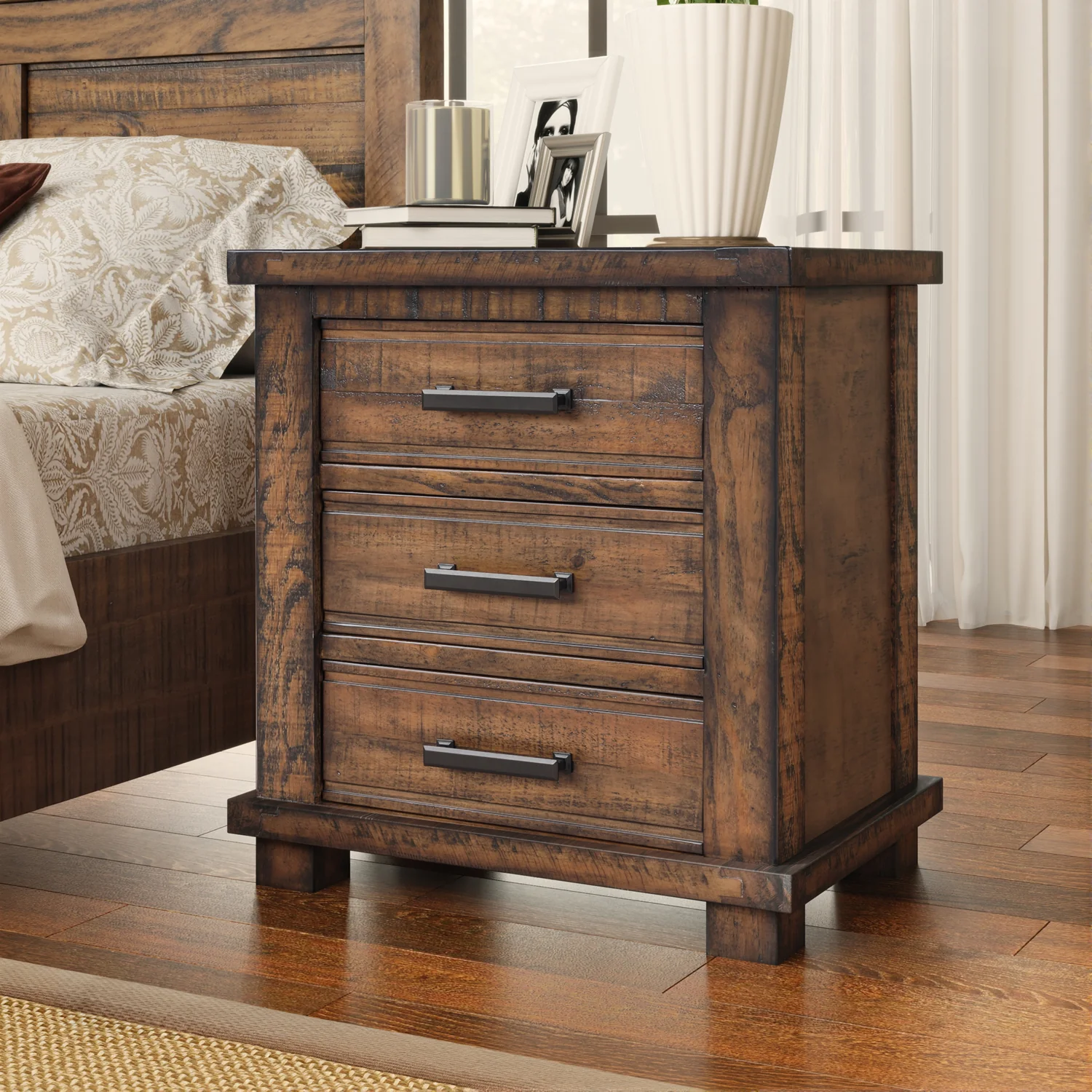 Elegant Rustic Farmhouse Nightstand with 3 Drawers Reclaimed Solid Wood Bedside TableRustic Farmhouse Nightstand with 3 Drawers Reclaimed Solid Wood Bedside Table Fine Crafted