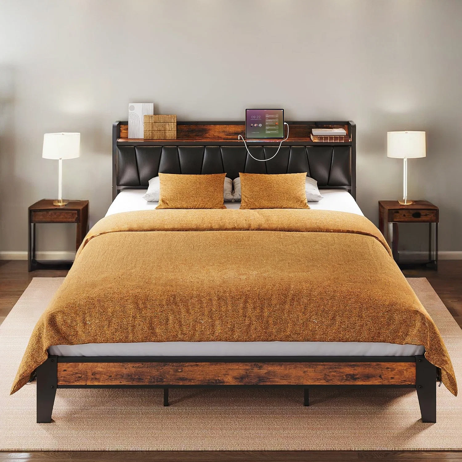 Premium Material Upholstered Bed Frame California King Bed with Storage Headboard Charging StationUpholstered Bed Frame California King Bed with Storage Headboard Charging Station Modern
