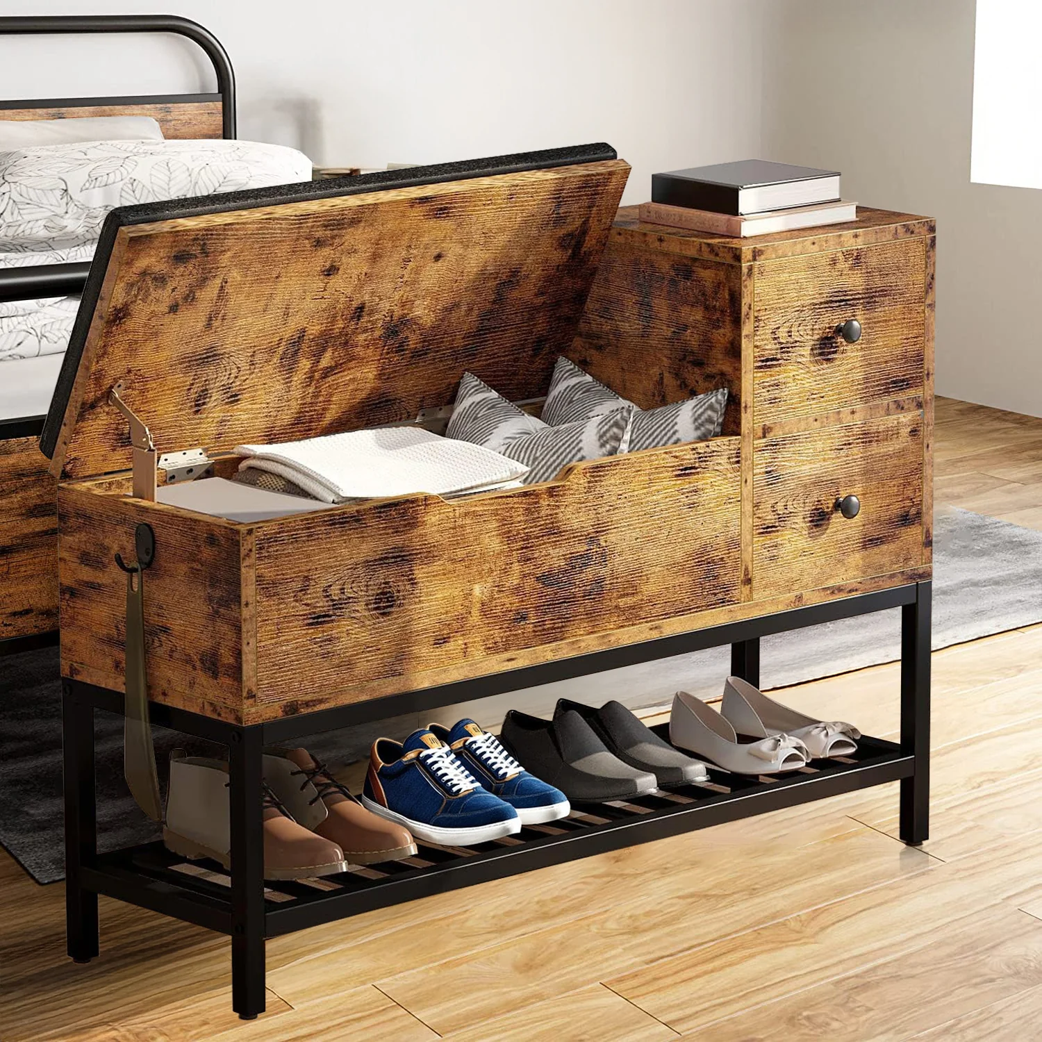 Elegant Entryway Bench With Shoe Rack Storage Bench With Flip Top Box and 2 DrawersEntryway Bench With Shoe Rack Storage Bench With Flip Top Box and 2 Drawers High-Grade