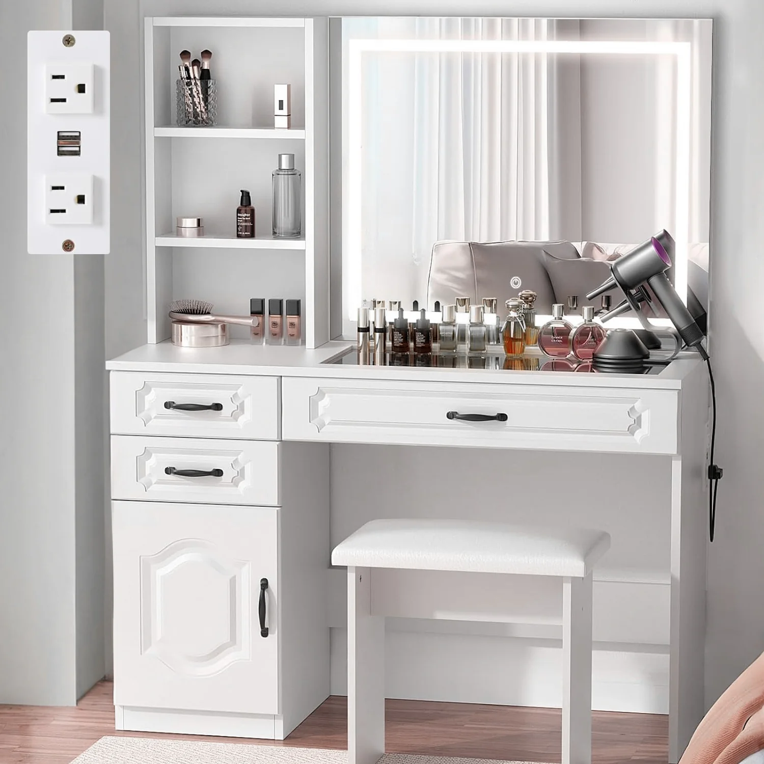 Responsible 45'' L Vanity with Lighted Mirror with Glass Top Power Strip Drawers and Shelves 3 Color Lighting Modes Adjustable Brightness45'' L Vanity with Lighted Mirror with Glass Top Power Strip Drawers and Shelves 3 Color Lighting Modes Adjustable Brightness Fashionable