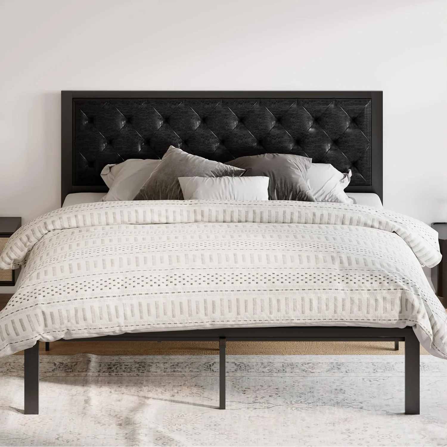 Advanced Faux Leather Upholstered Headboard Bed Frame with Chic Diamond Stitch Tufting Design No Springs RequiredFaux Leather Upholstered Headboard Bed Frame with Chic Diamond Stitch Tufting Design No Springs Required Convenient
